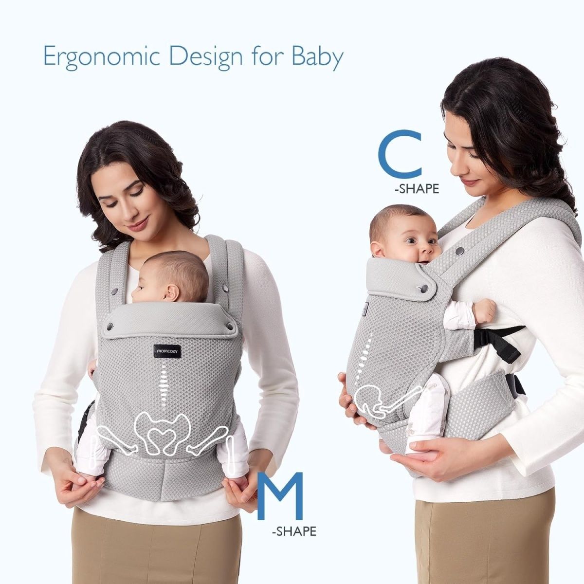 Zwei Bilder zeigen den Babyträger. Links: M-Form. Rechts: C-Form. Beide zeigen ein Baby im Träger. Der Träger ist grau und aus Mesh.