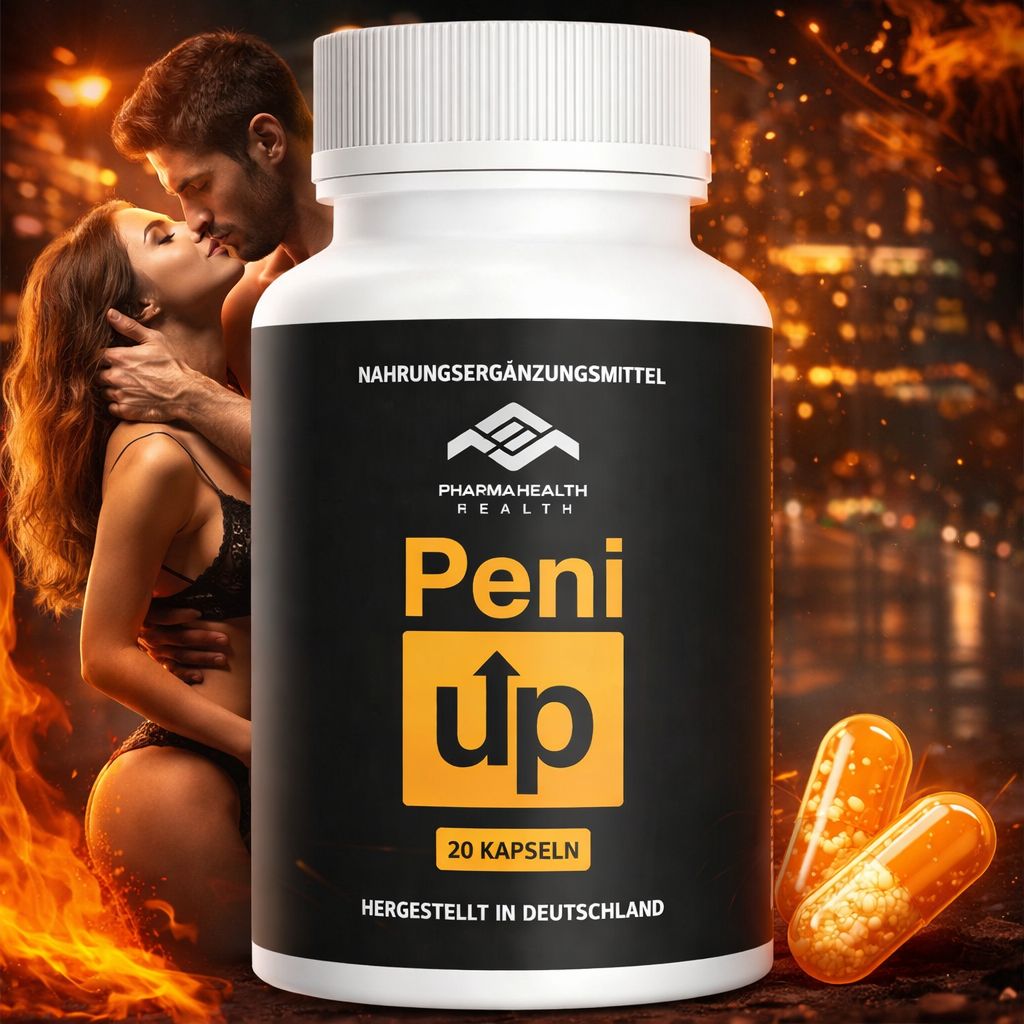 Peni Up Kapseln: Nahrungsergänzungsmittel in weißer Dose mit schwarzem Etikett.