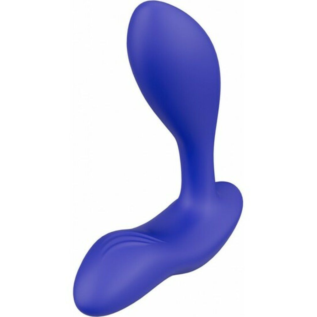 Blauer Analvibrator. Gebogene Form mit zwei Enden und einem gebogenen Stiel. Glatte Oberfläche.