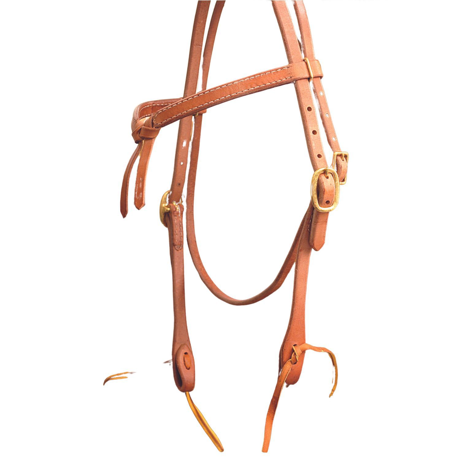 Braunes Lederkopfstück mit goldenen Schnallen und Riemen. Detailaufnahme vor weißem Hintergrund.