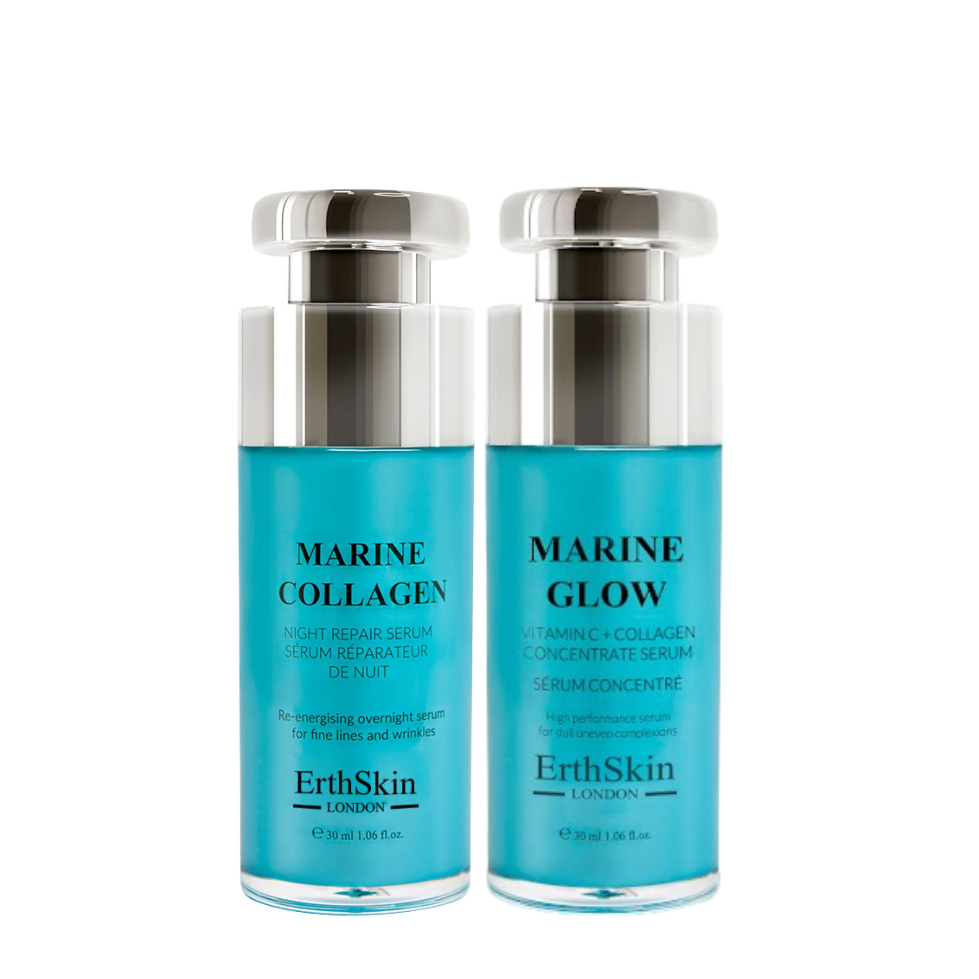 Zwei Flaschen Marine Collagen Serum. Türkisblaue Flaschen mit silbernen Deckeln. Text: ErthSkin London.