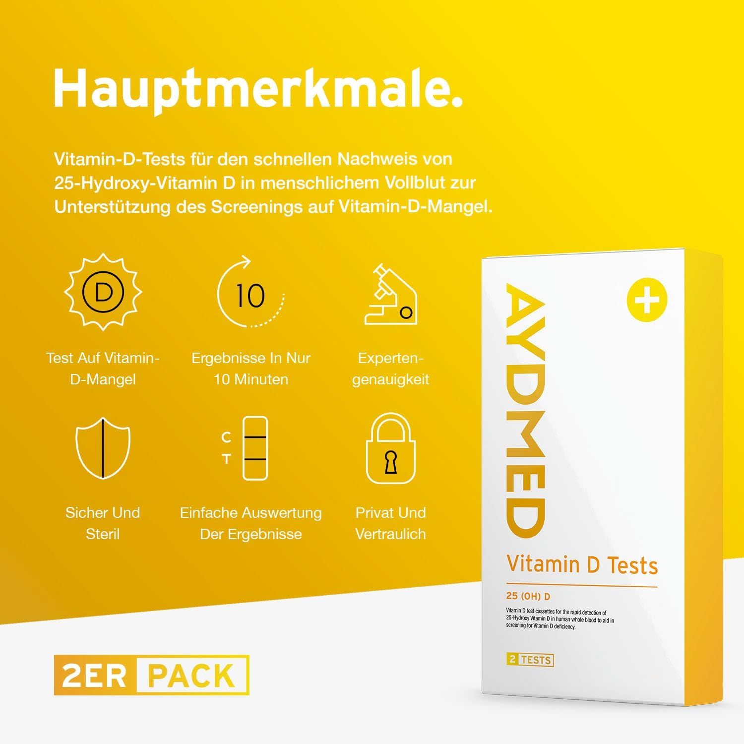 AYDMED Vitamin D Tests. Verpackung mit Produktinformationen und Icons. Aufschrift: 2ER PACK.