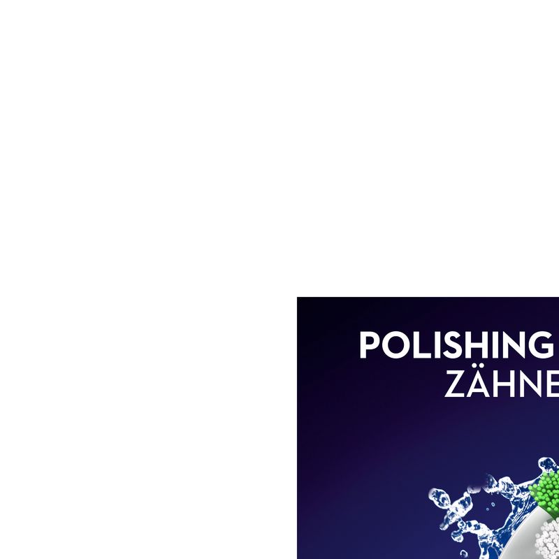 Nahaufnahme eines Zahnbürstenkopfes mit blauen, grünen und weißen Borsten. Text: Polishing Zähne.