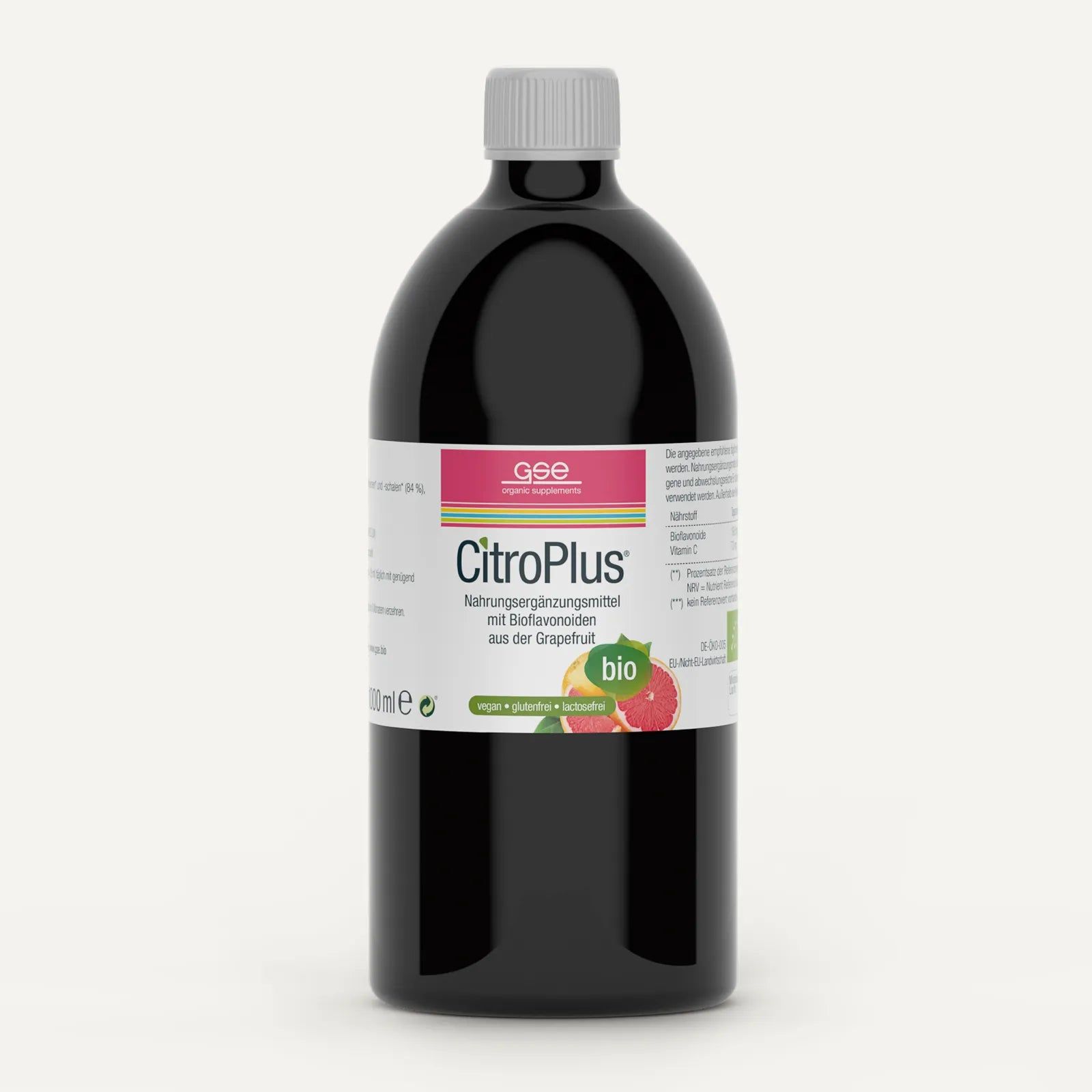 Dunkle Flasche mit weißem Etikett. Aufschrift CitroPlus, Bio-Siegel. Grauer Schraubverschluss.