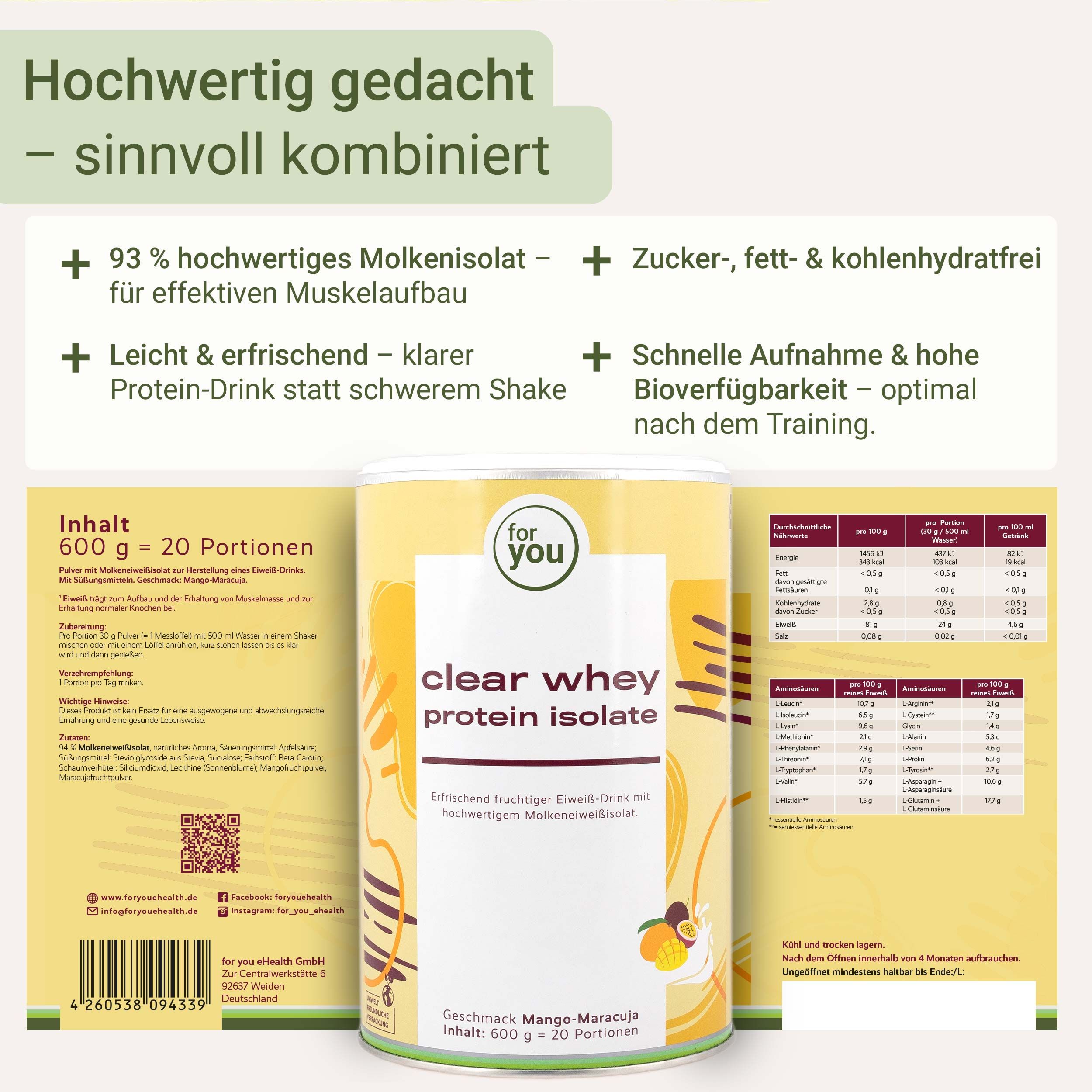Dose Clear Whey Protein Isolate Mango-Maracuja mit Nährwertangaben und Zubereitung.