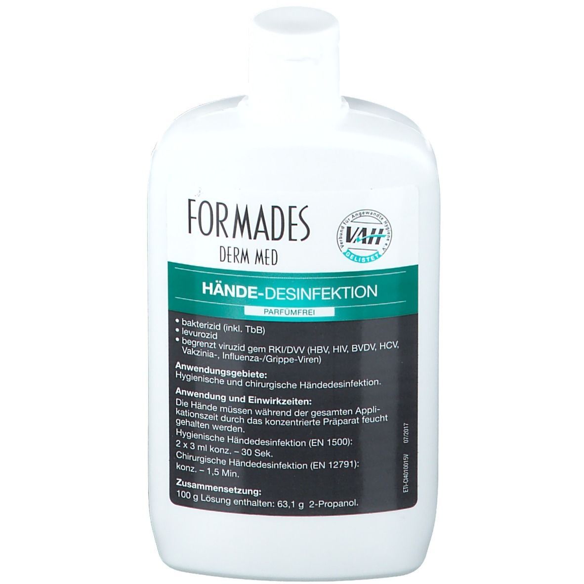 Weiße Flasche mit grünem Etikett. Aufschrift: Formades Derm Med Hände-Desinfektion. VAH-Zertifizierung. Text in Schwarz.