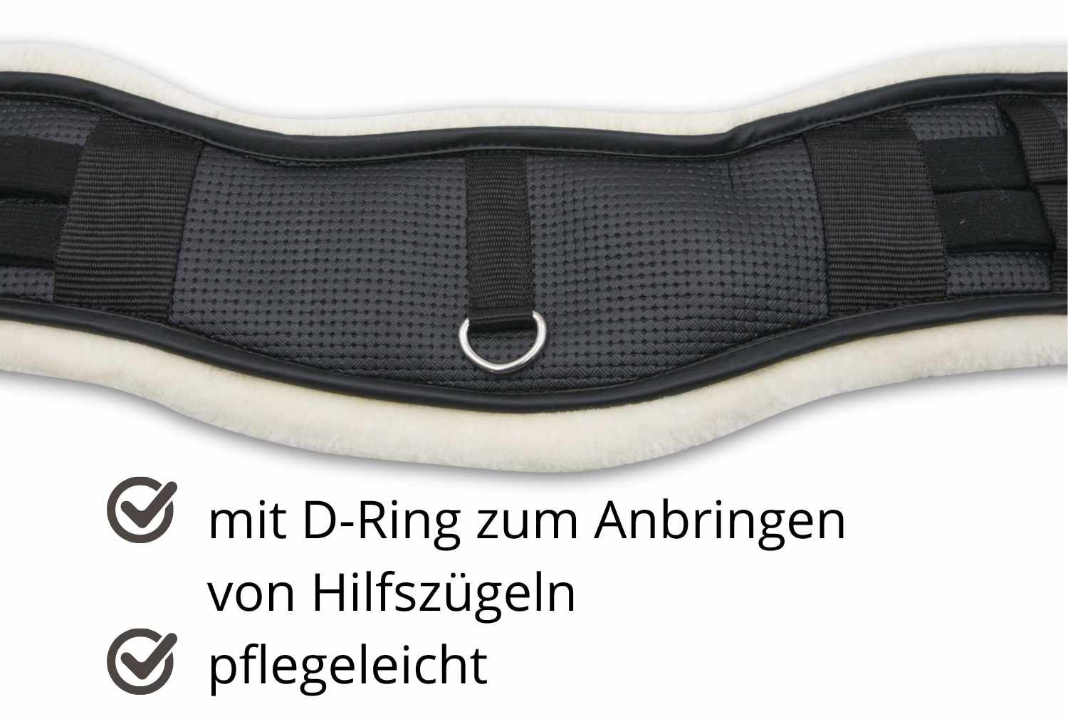 Nahaufnahme eines schwarzen Kurzgurts mit Kunstfellunterlage. D-Ring zum Anbringen von Hilfszügeln. Pflegeleicht.