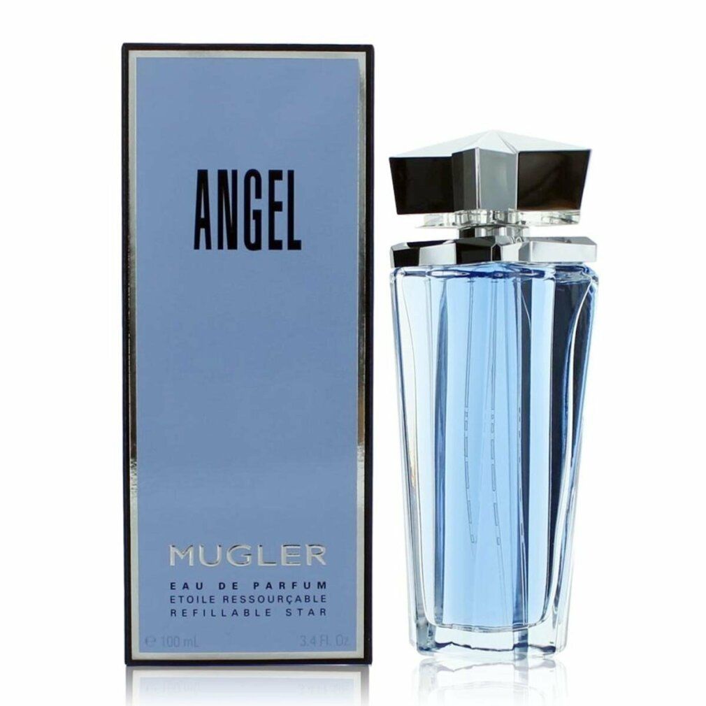 Flakon und Verpackung von Angel Eau de Toilette. Der Flakon ist sternförmig, blau und transparent. Die Verpackung ist blau.
