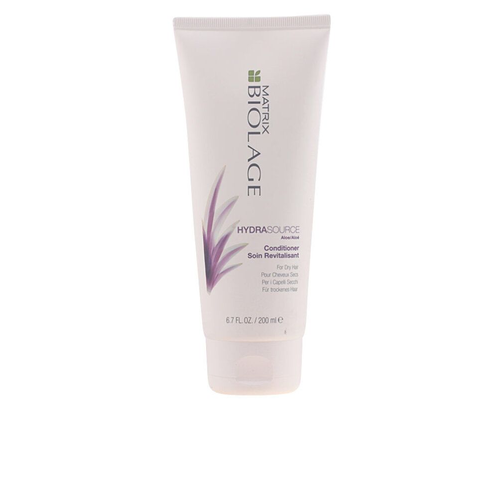 Weiße Tube mit MATRIX BIOLAGE HydraSource Conditioner. Text in Englisch, Französisch, und Deutsch. 6.7 FL. OZ. / 200 ml.