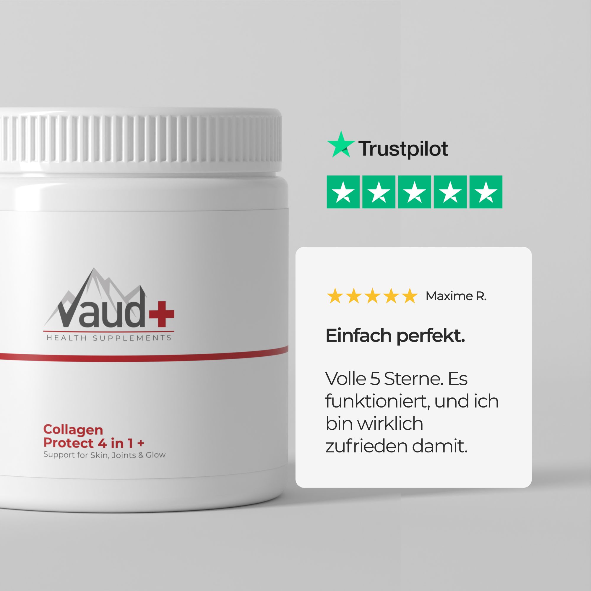 Weißes Produktbehälter mit Bewertung. Trustpilot-Logo mit 5 Sternen. Text: Einfach perfekt.