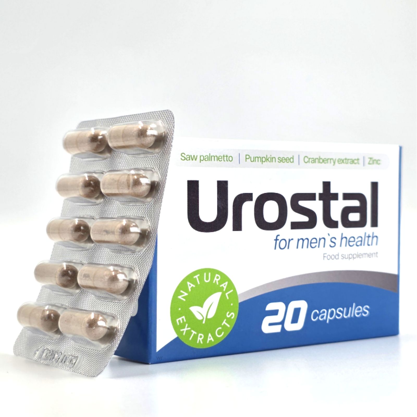 Urostal Kapseln-Verpackung und Blisterpackung mit Kapseln. Aufschrift: "for men's health", "20 capsules".