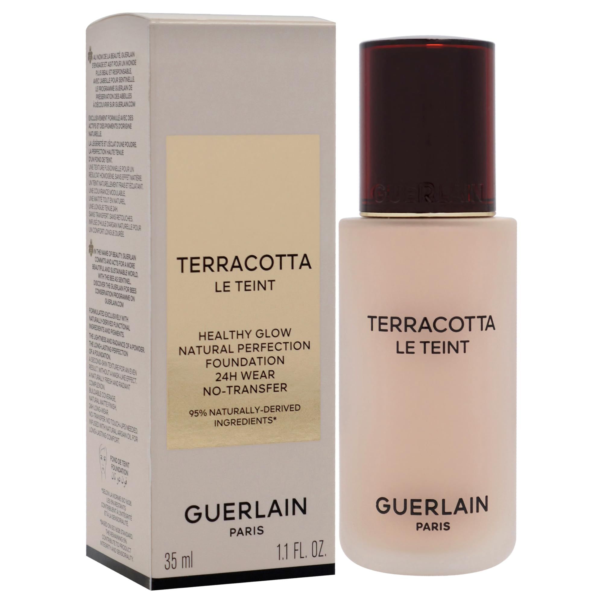 Flakon und Verpackung. Aufschrift: Terracotta Le Teint, Guerlain Paris. 35 ml, 1.1 FL OZ. Farbton 1N.