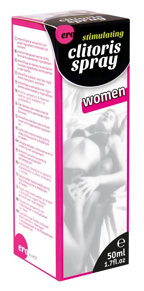 Verpackung. Text: stimulating clitoris spray, women. 50ml. Marke: ero. Rosa, schwarz, weiß. Mehrsprachiger Text.