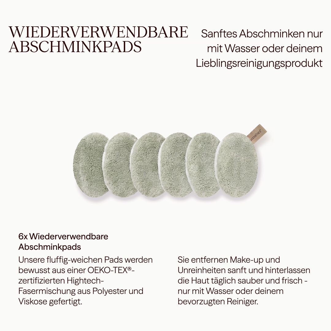 6 grüne Abschminkpads. Text: Wiederverwendbare Abschminkpads. Entfernen Make-up nur mit Wasser oder Reiniger. Aus Polyester und Viskose.