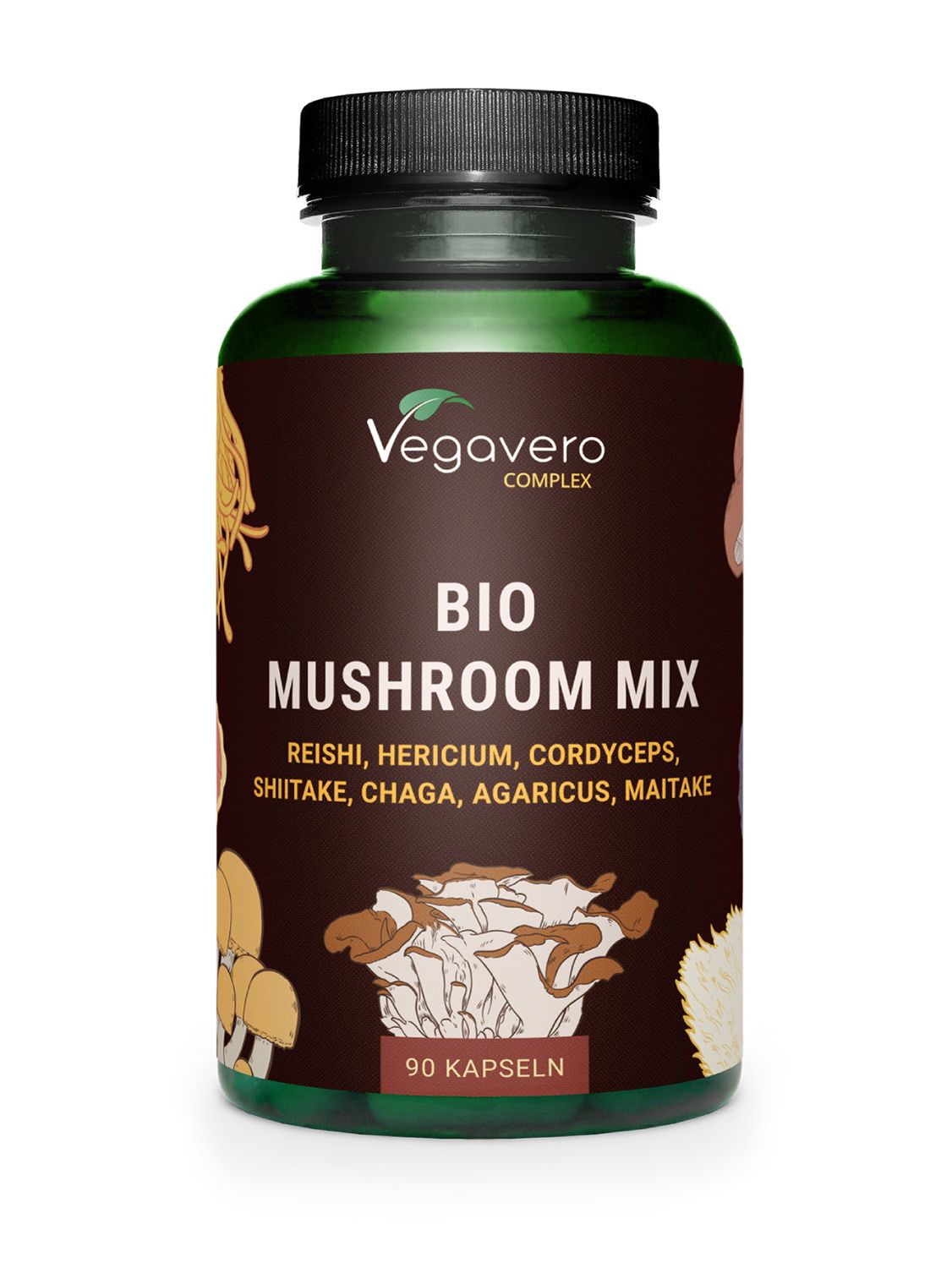 Grüne Flasche mit schwarzen Kapseln. Aufschrift: Vegavaro, BIO Mushroom Mix. Enthält Reishi, Hericium, Cordyceps, Shiitake, Chaga, Agaricus, Maitake. 90 Kapseln.