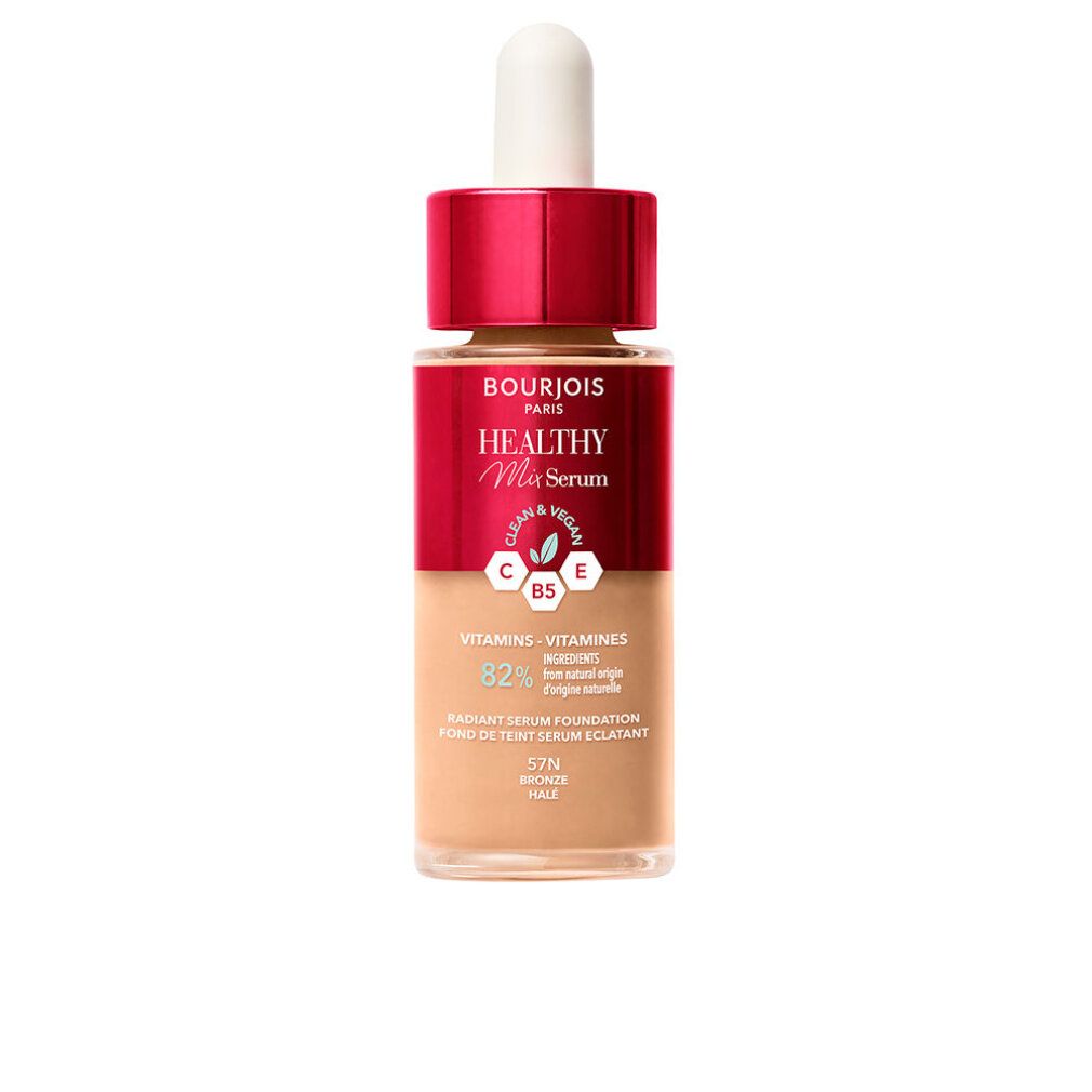 Foundation-Serum-Flasche mit rotem Deckel und weißem Applikator. Aufschrift: Bourjois Healthy Mix Serum. Farbton: 57N Bronze.
