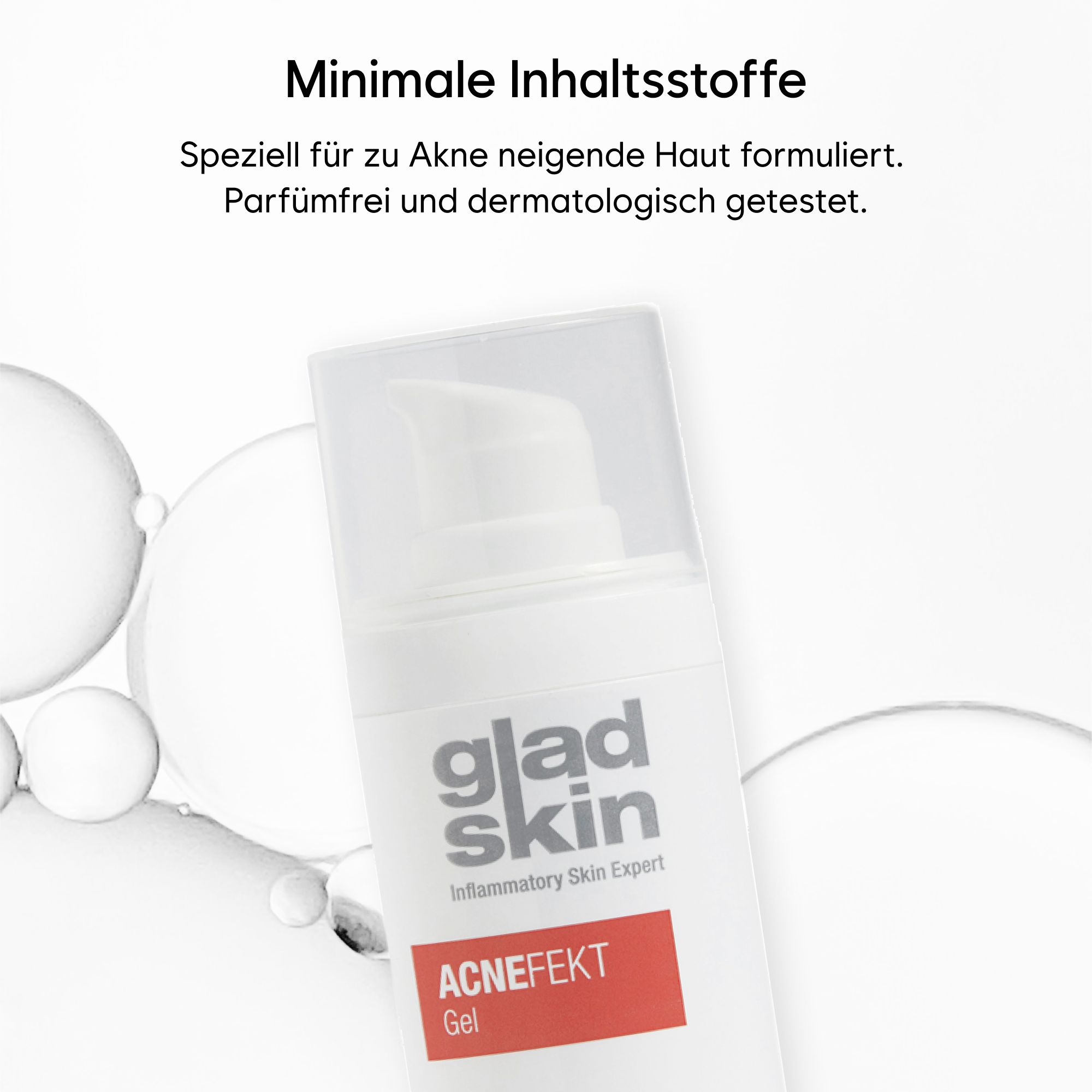 Weiße Flasche mit Pumpkopf. Roter Aufkleber mit Produktnamen und Text. Marke Gladskin. Hintergrund: weiße Kugeln.