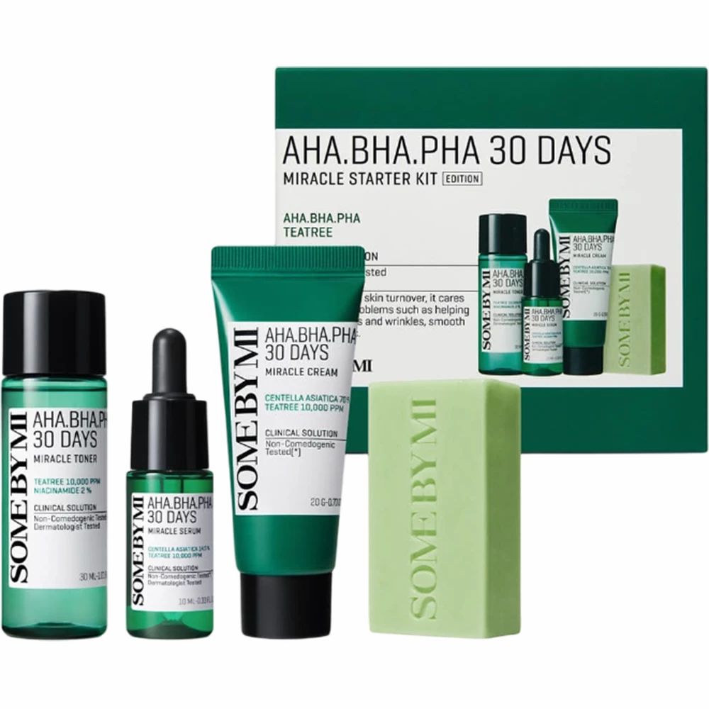 Starter-Kit mit mehreren Produkten. Enthält Toner, Serum, Creme, Seife und weitere Produkte in grünen Verpackungen. Text: AHA.BHA.PHA 30 Days Miracle.