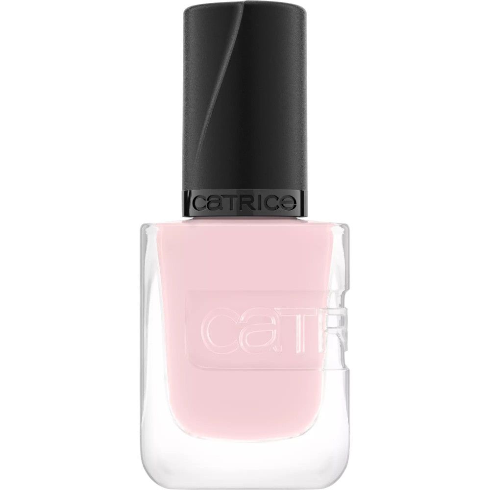 Nagellackflasche mit rosa Inhalt und schwarzem Deckel. Marke Catrice sichtbar.