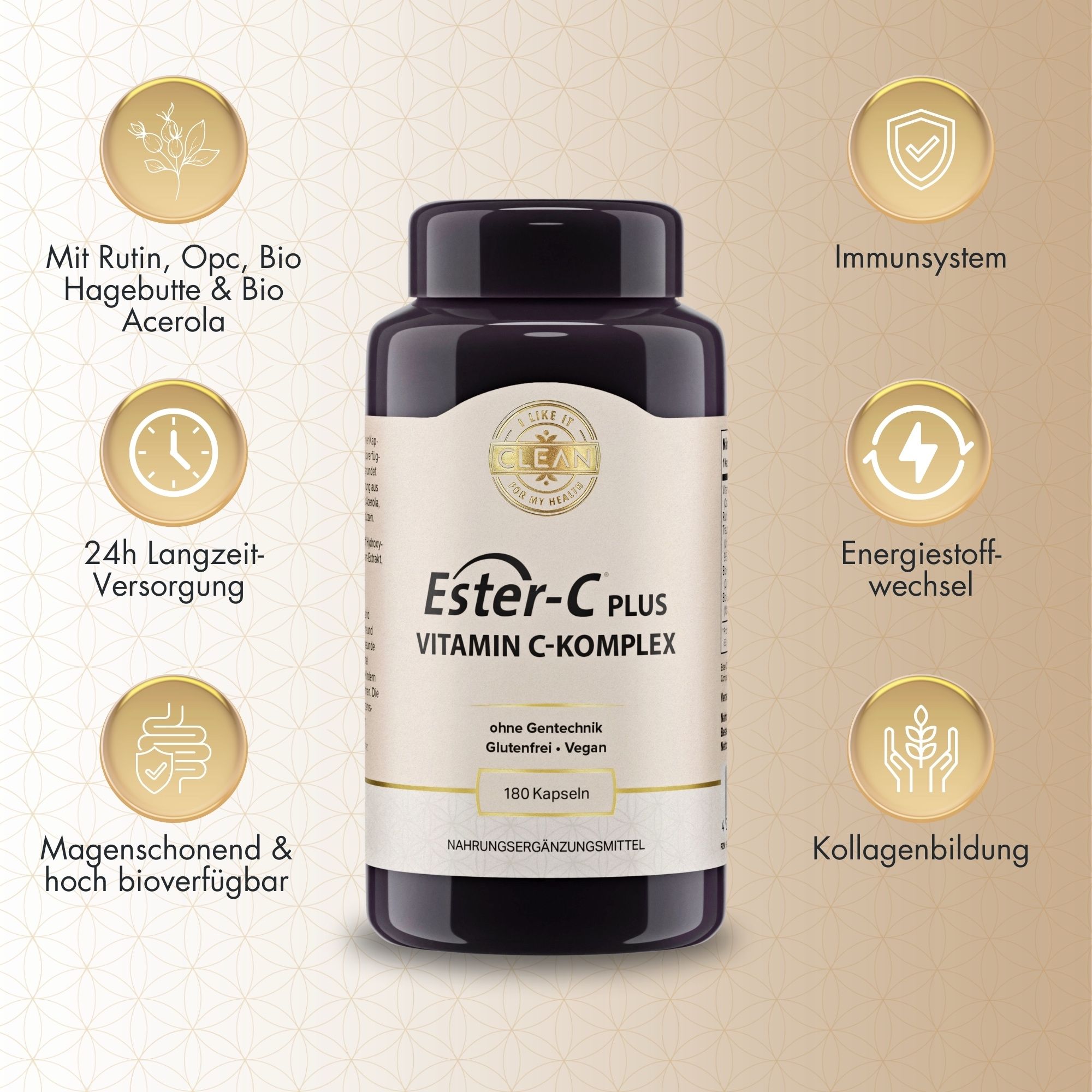 Dunkle Flasche mit Ester-C Plus Kapseln. Aufschrift: Vitamin C-Komplex, 180 Kapseln. Zusätzliche Informationen: glutenfrei, vegan.