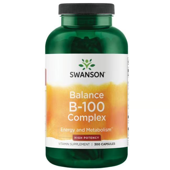 Grüne Flasche mit weißem Etikett. Aufschrift: SWANSON Balance B-100 Complex. 300 Kapseln. Hochwirksam. Vitamin-Ergänzungsmittel.