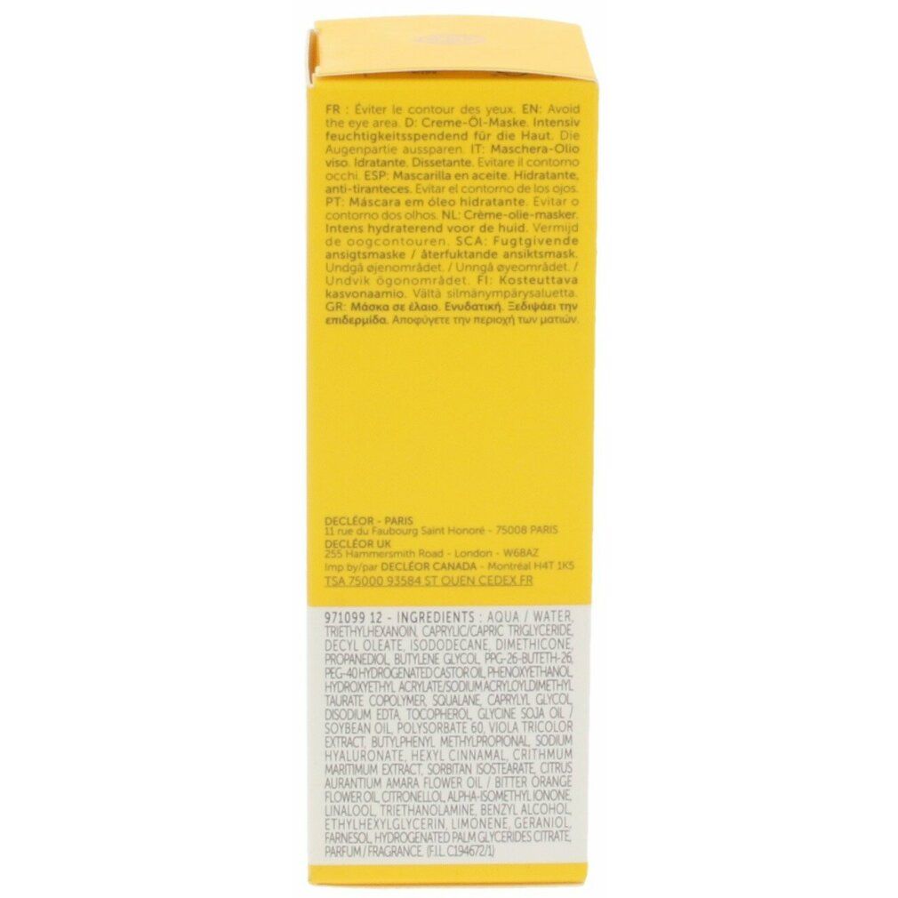 Gelbe Schachtel mit Text. Aufschrift: Decleor, Inhaltsstoffe, Gebrauchsanweisung in mehreren Sprachen.