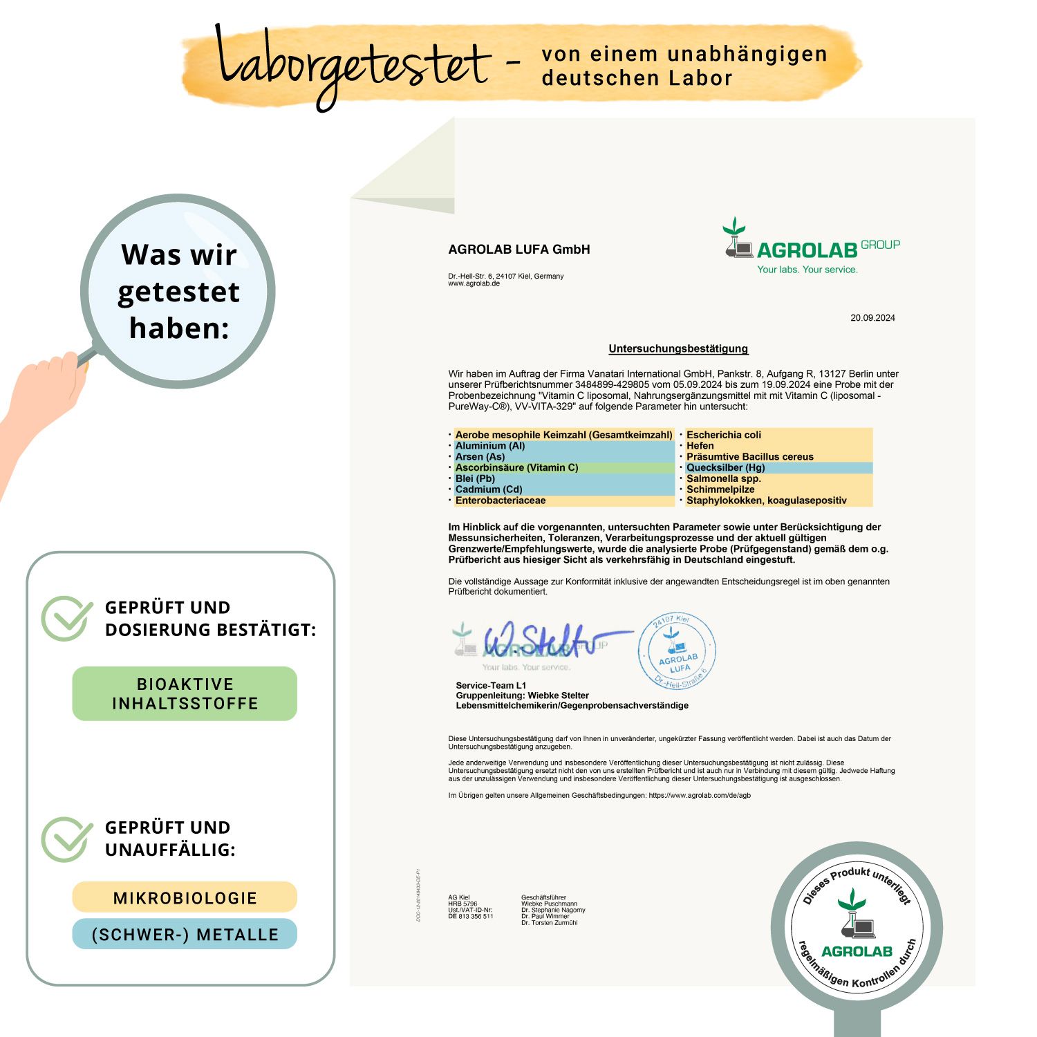 Zertifikat von Agrolab LUFA GmbH. Bestätigung der Analyse von Vitamin C Liposomal. Unterschrift und Stempel.
