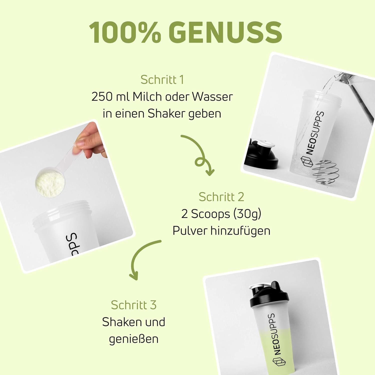 Anleitung zur Zubereitung mit Shaker. Schritte: Milch/Wasser in Shaker, 2 Messlöffel Pulver, schütteln. Shaker mit Logo.