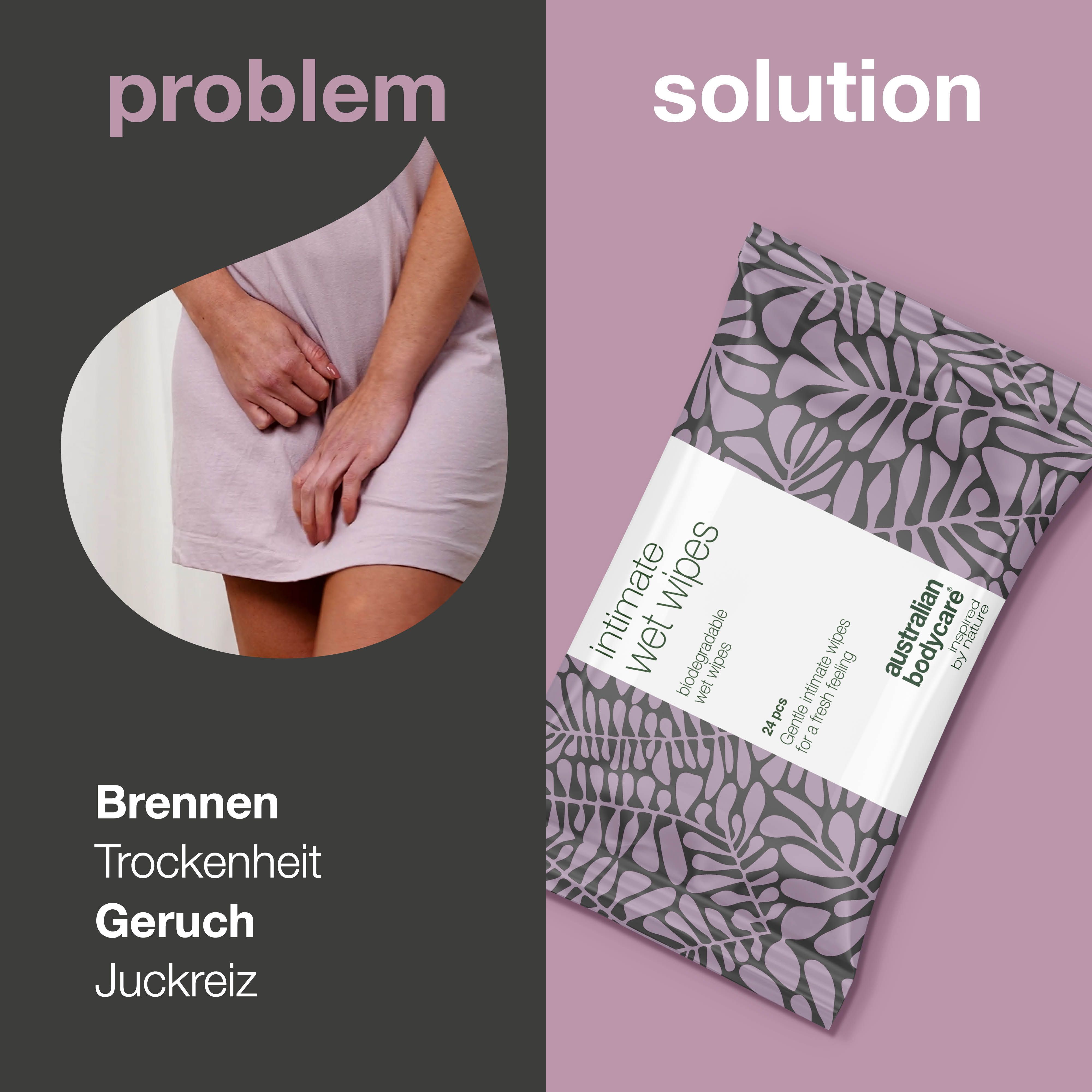 Problem: Frau mit Unterleib. Lösung: Verpackung Intim-Feuchttücher. Text: Brennen, Trockenheit, Geruch, Juckreiz.