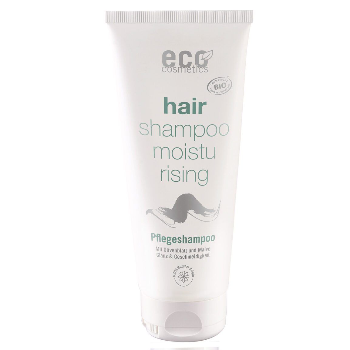 Weiße Tube mit grünem Aufdruck. Text: hair shampoo moistu rising, Pflege Shampoo. Logo: eco cosmetics, Bio-Siegel.