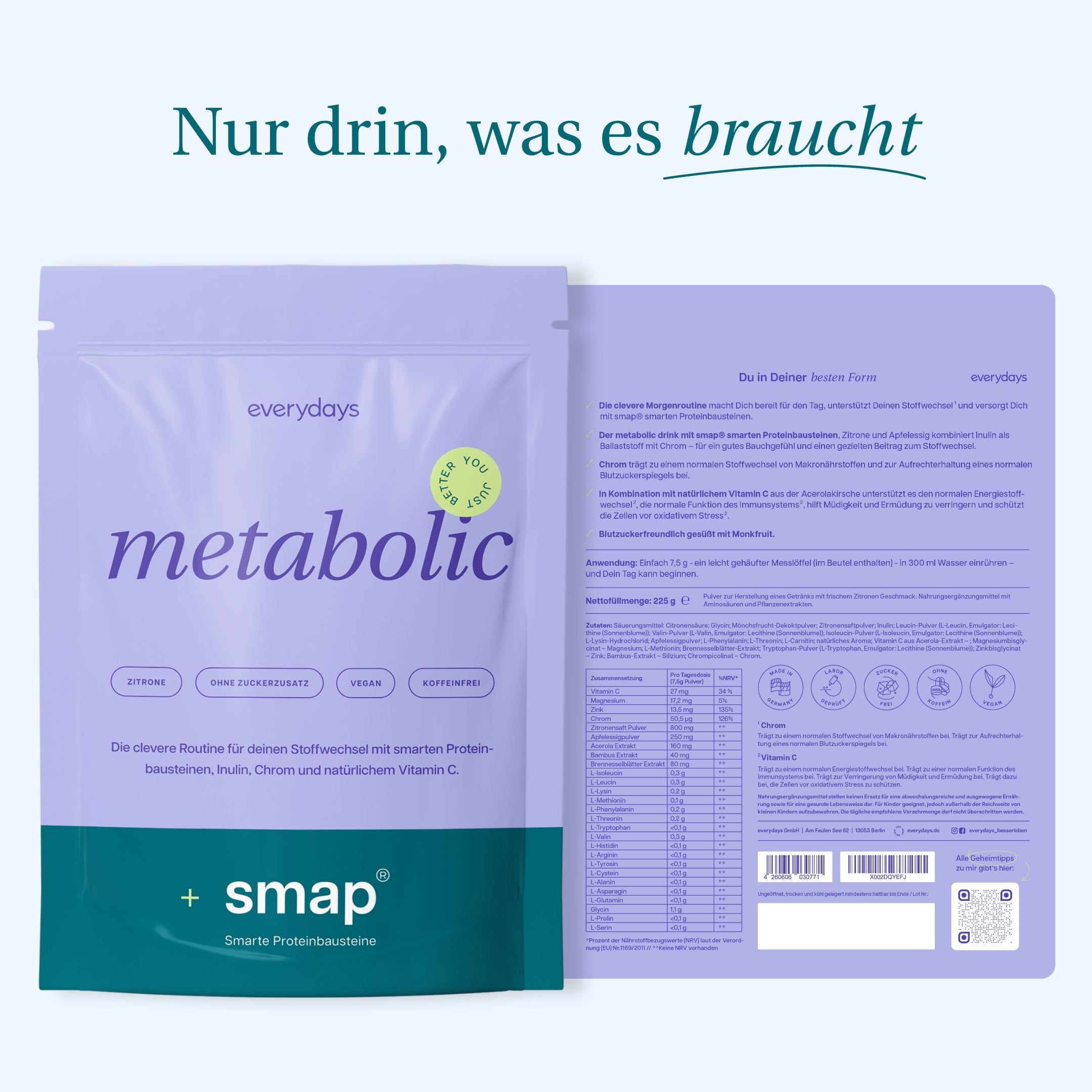 "metabolic" Beutel, Vorder- und Rückseite. Text: Die clevere Routine für deinen Stoffwechsel.