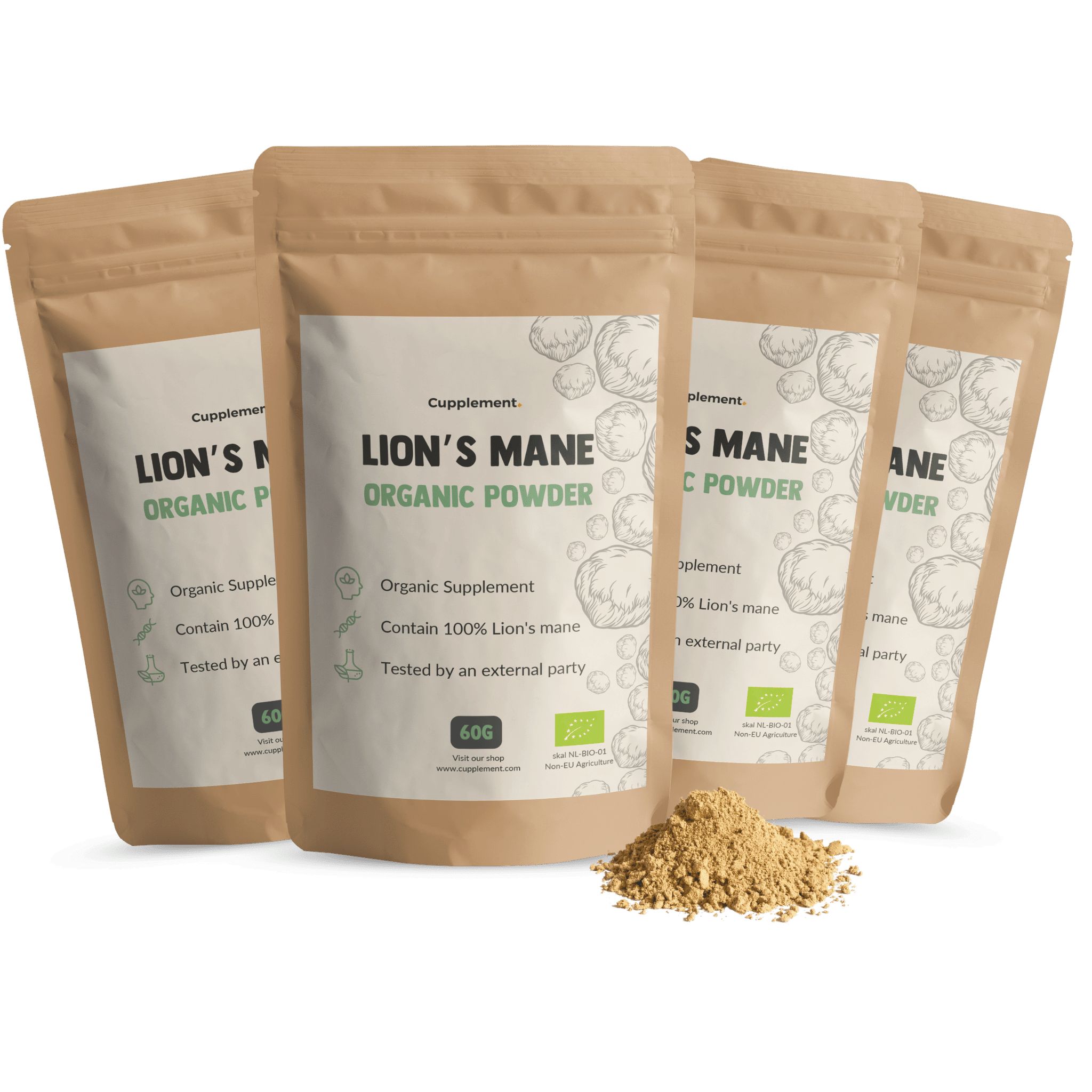Mehrfachpackung mit vier Beuteln. Aufschrift: Lion's Mane Organic Powder. Braune Beutel mit weißem Etikett. 60g.