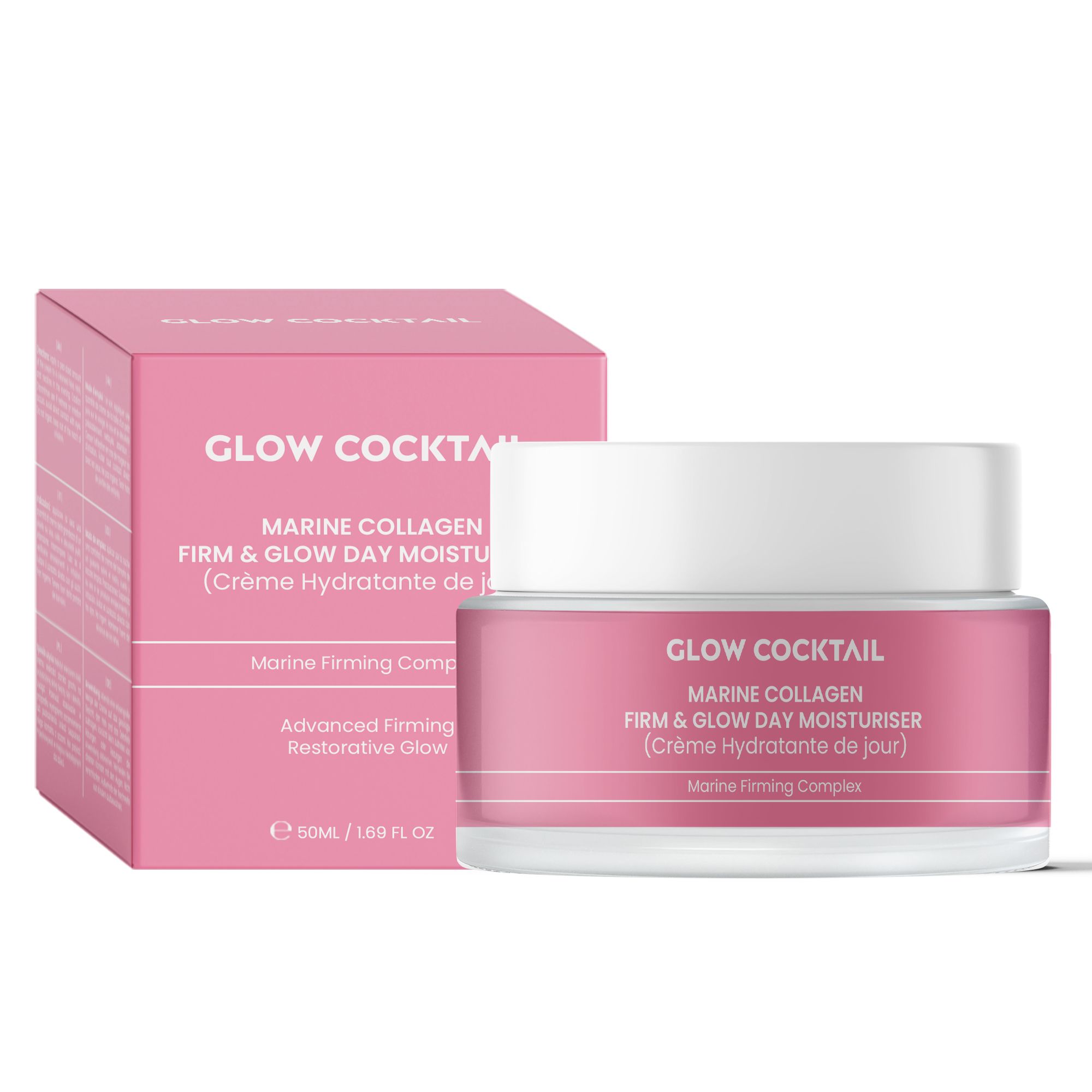Rosa Creme-Dose und -Verpackung. Aufschrift: Marine Collagen Firm & Glow Day Moisturiser. Marke: Glow Cocktail.