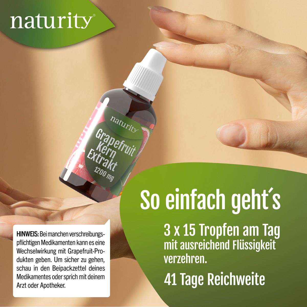 Braune Glasflasche mit Tropfer. Text: Grapefruitkern Extrakt 1200 mg. Anwendung: 3x15 Tropfen täglich, 41 Tage Reichweite.