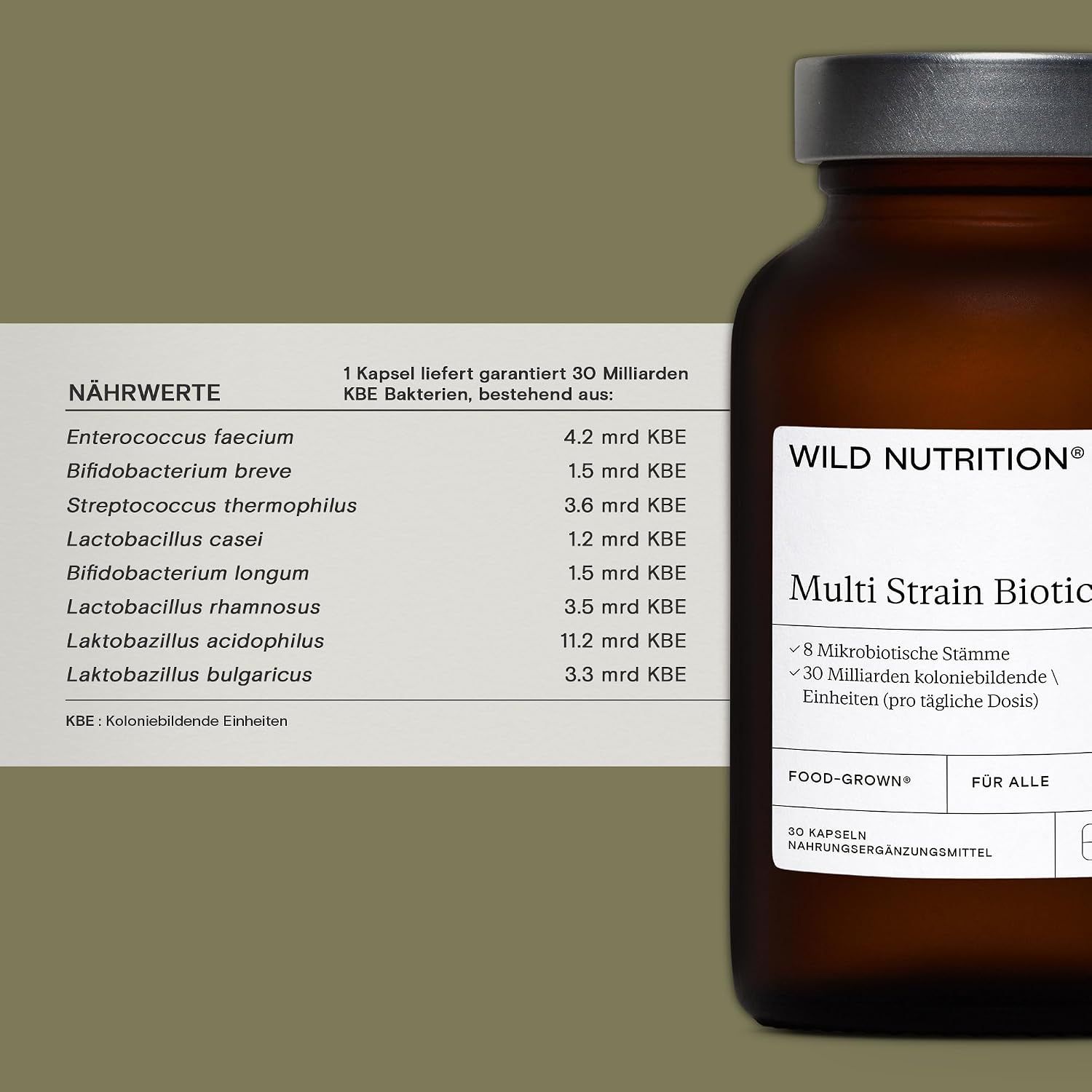 Braune Glasflasche 'Multi-Stamm Biotikum' mit detaillierter Nährwertangabe.
