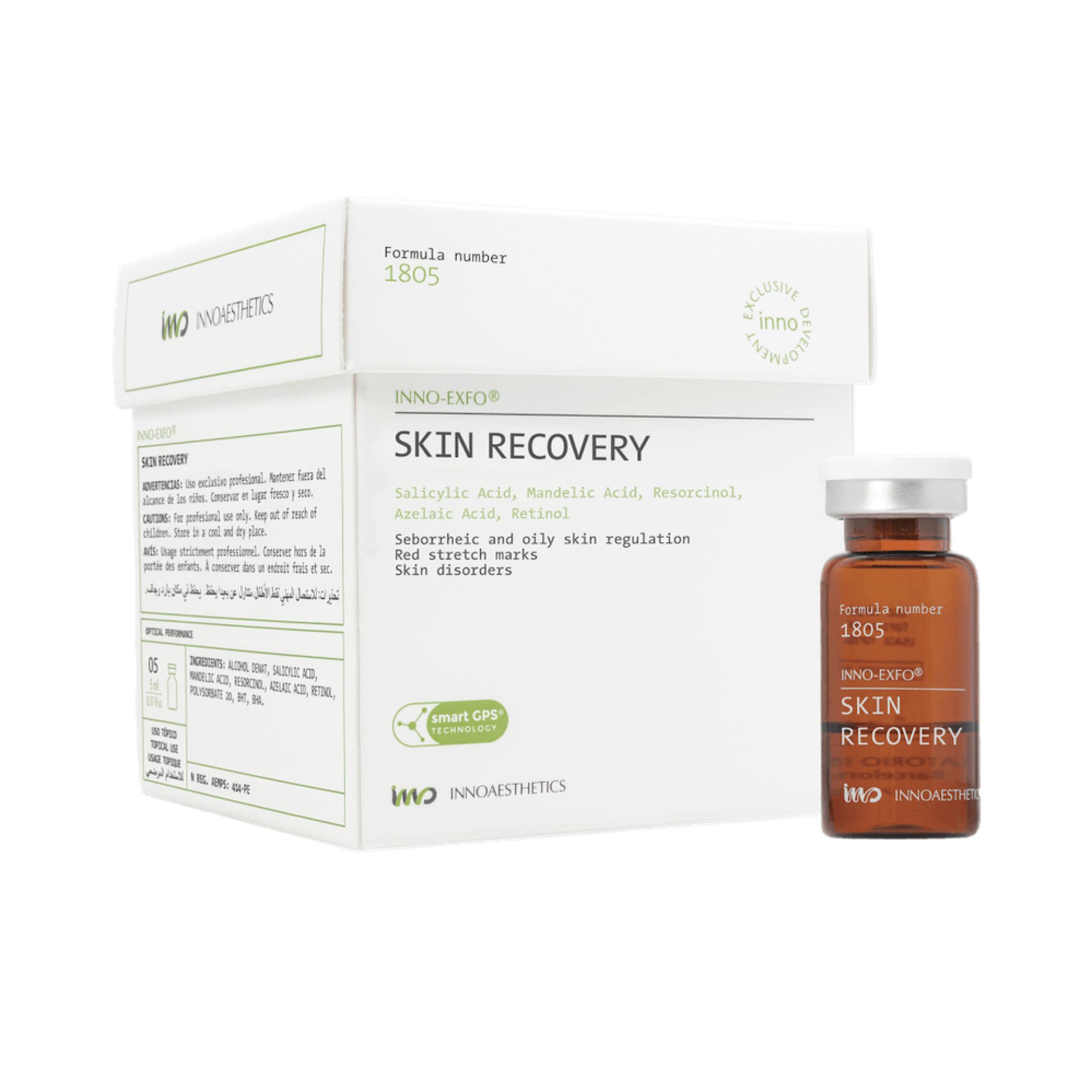Produktverpackung mit Fläschchen. Aufschrift: SKIN RECOVERY, INNO-EXFO, Formelnummer 1805. Enthält Salicylsäure, Mandelsäure, Retinol.
