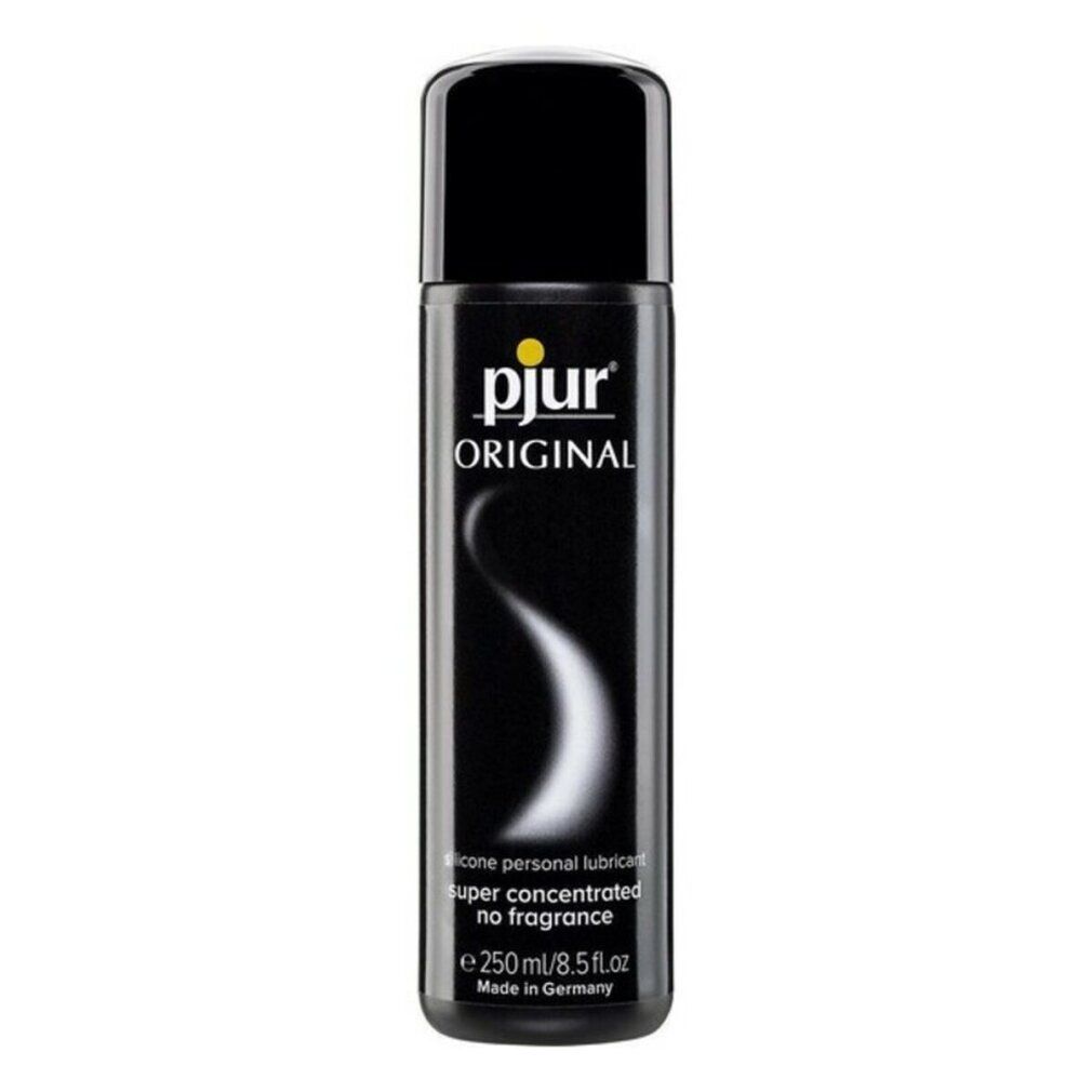 Schwarze Flasche mit gelbem Logo "pjur ORIGINAL". Enthält "Silicone personal lubricant" und "no fragrance".