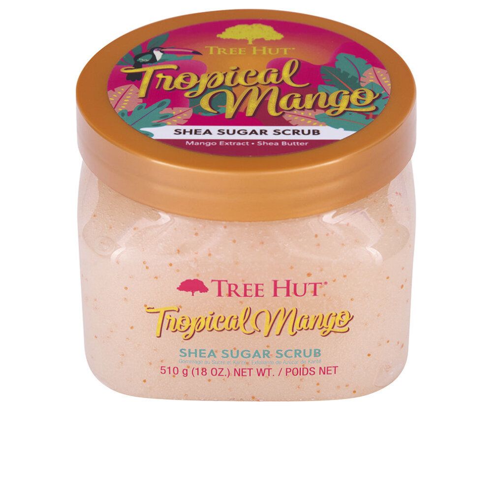 Tree Hut Tropical Mango Shea Zucker Peeling in einem transparenten Behälter mit orangefarbenem Deckel.