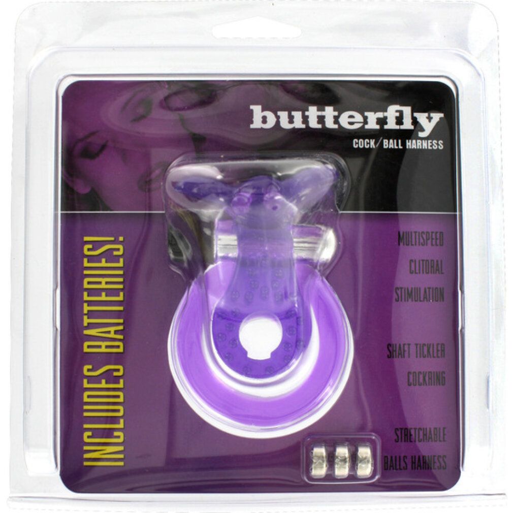 Verpackung mit lila Cock & Ball Ring. Enthält Batterien. Text: butterfly, Cock/Ball Harness, Multispeed, Stimulation.