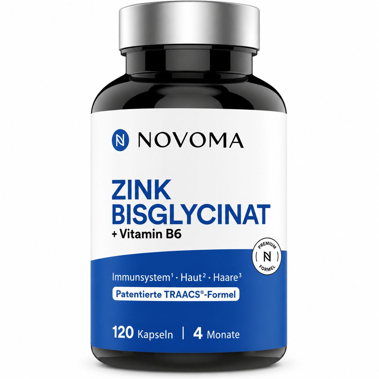 Flasche mit Novomins Magnesium Bisglycinat Gummies. Tägliche Einnahme: 2 Gummibärchen. 1 Monatsvorrat.