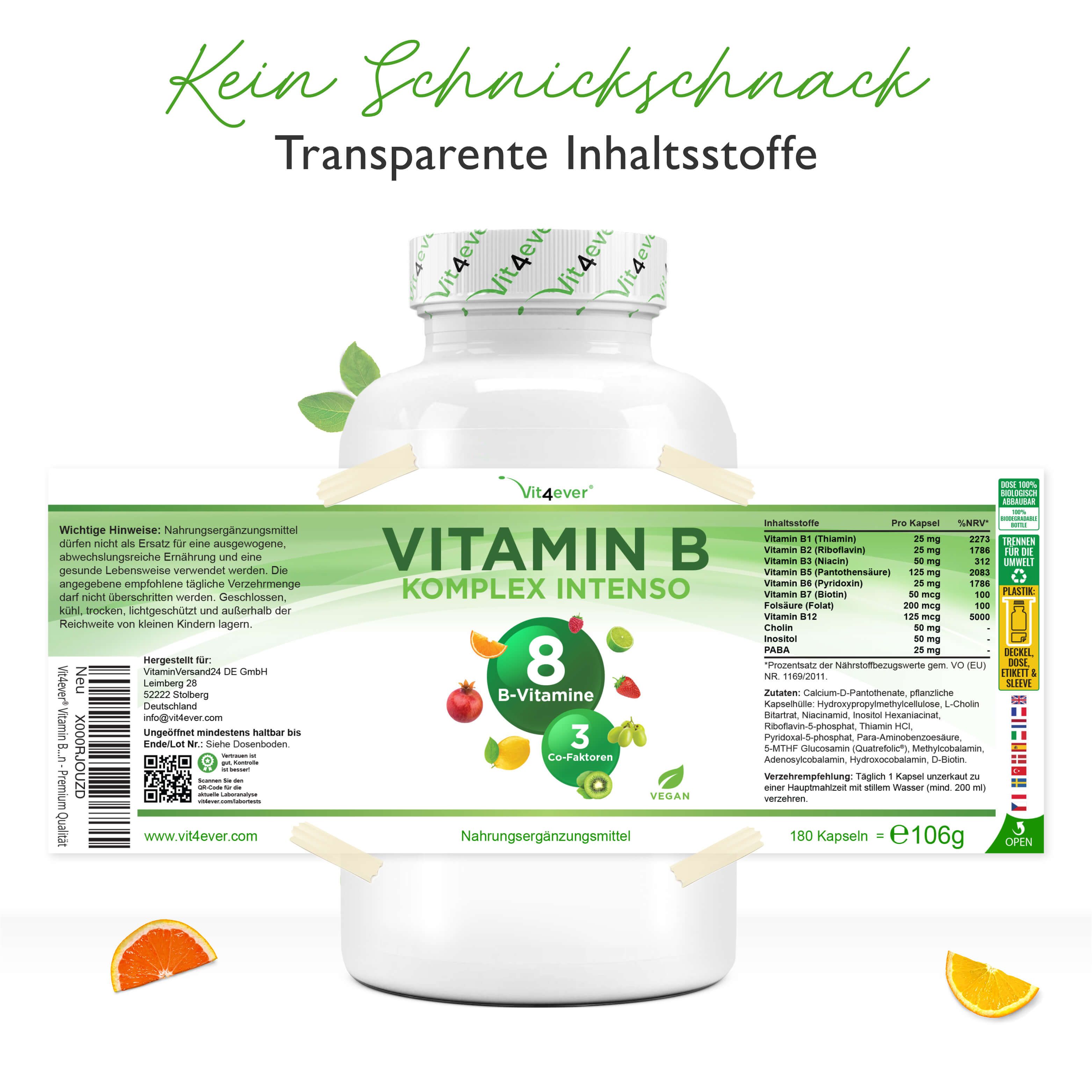 Produktflasche mit Etikett. Auf dem Etikett: Vitamin B Komplex Intenso, 8 B-Vitamine, 3 Co-Faktoren. Zusätzliche Informationen und Nährwertangaben.