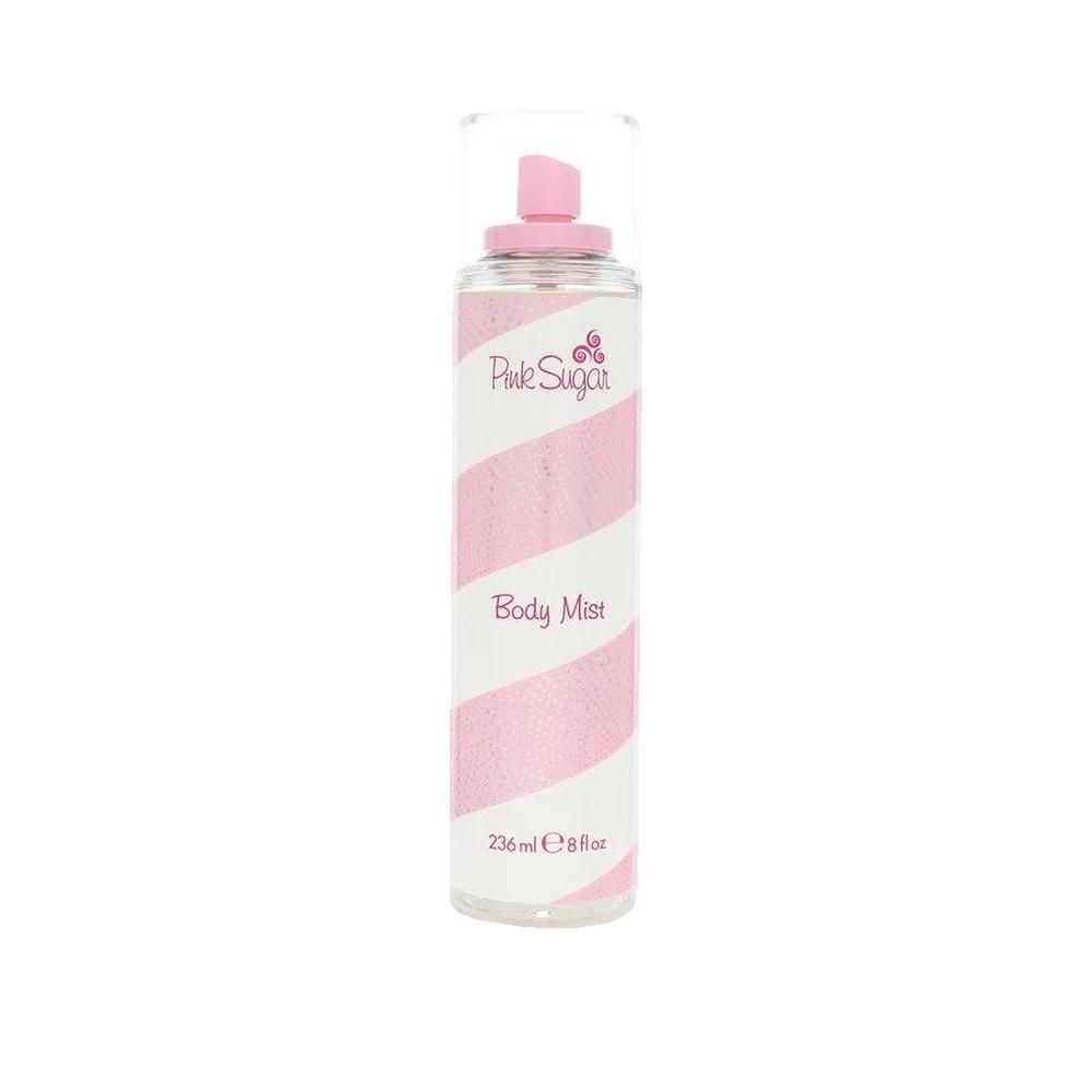 Körpernebel-Flasche mit rosa und weißen Streifen. Mit Aufschrift "Pink Sugar" und "Body Mist". Enthält 236 ml.