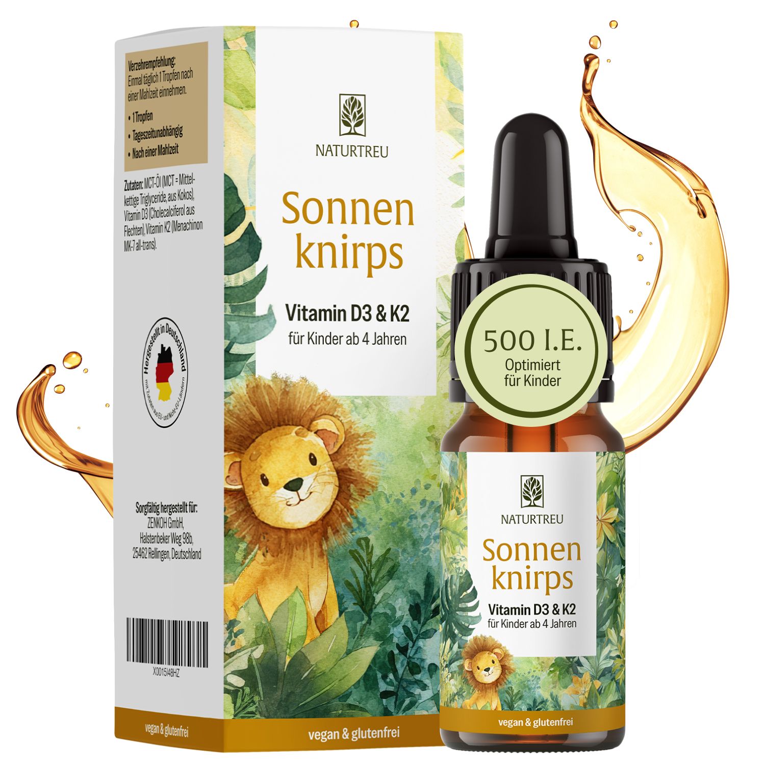 Flasche mit Pipette und Kartonverpackung für Vitamin D3 K2 Tropfen, mit Löwenmotiv.