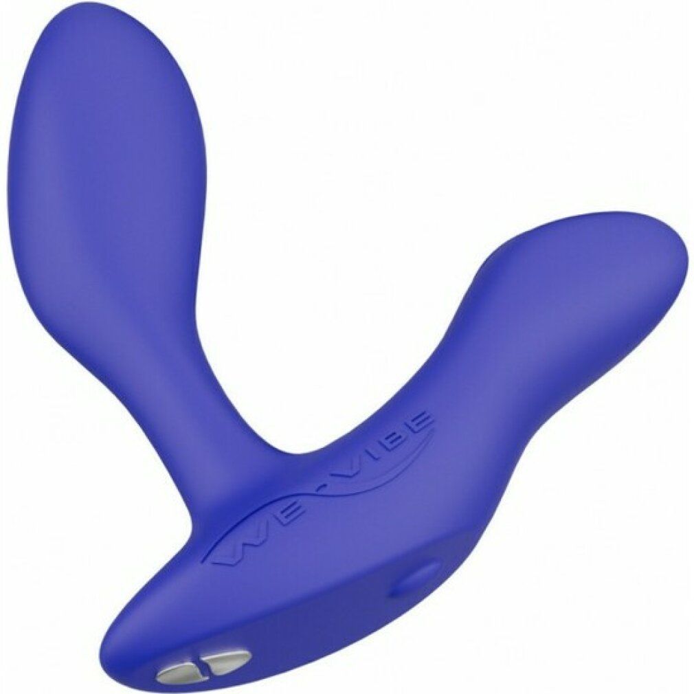Blauer Analvibrator. Gebogene Form mit zwei Enden. Logo 'We-Vibe' sichtbar. Zwei Knöpfe.