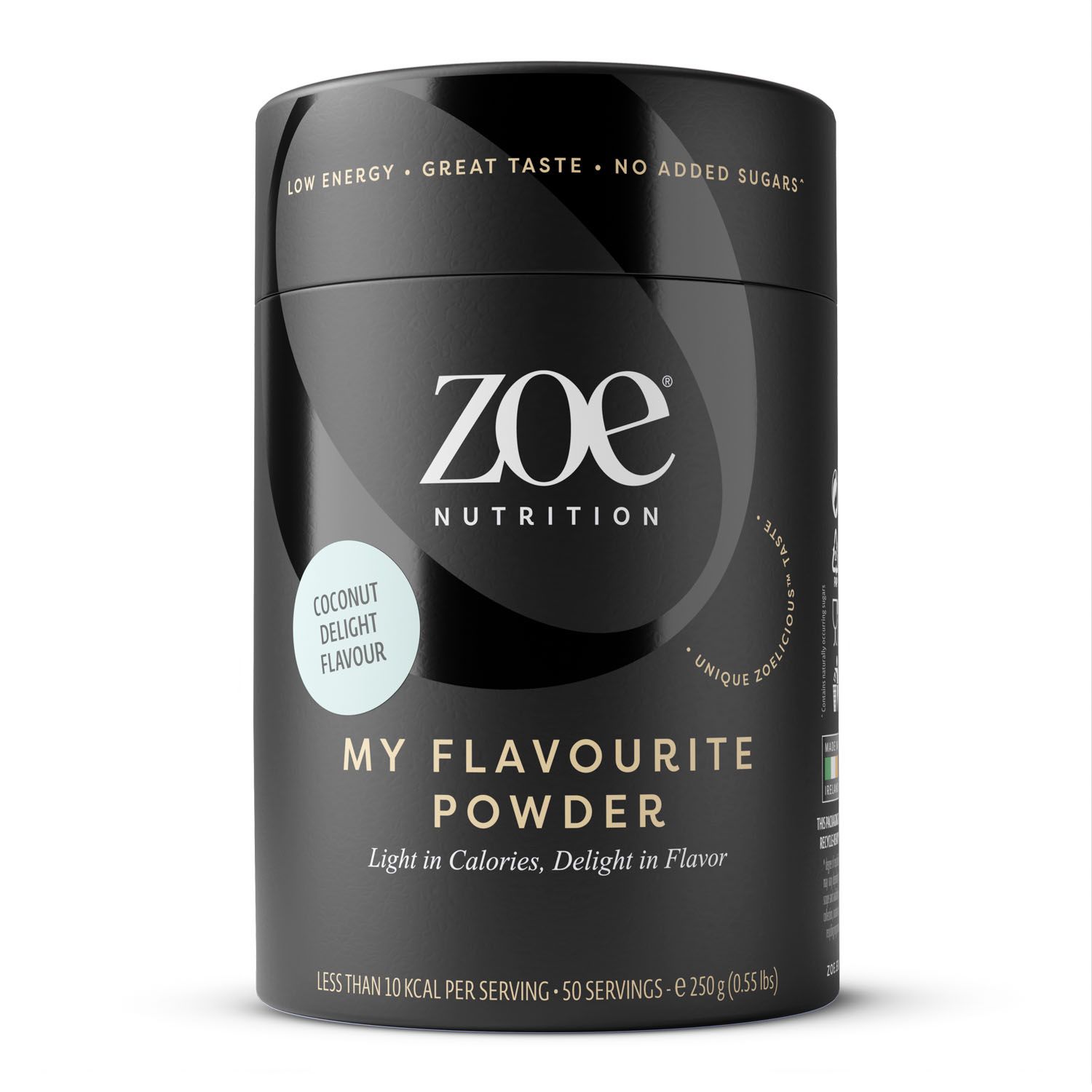 Zylindrische Dose mit "zoe Nutrition"-Logo. Aufschrift: "MY FLAVOURITE POWDER". Geschmack: Kokosnuss. Enthält weniger als 10 kcal pro Portion.