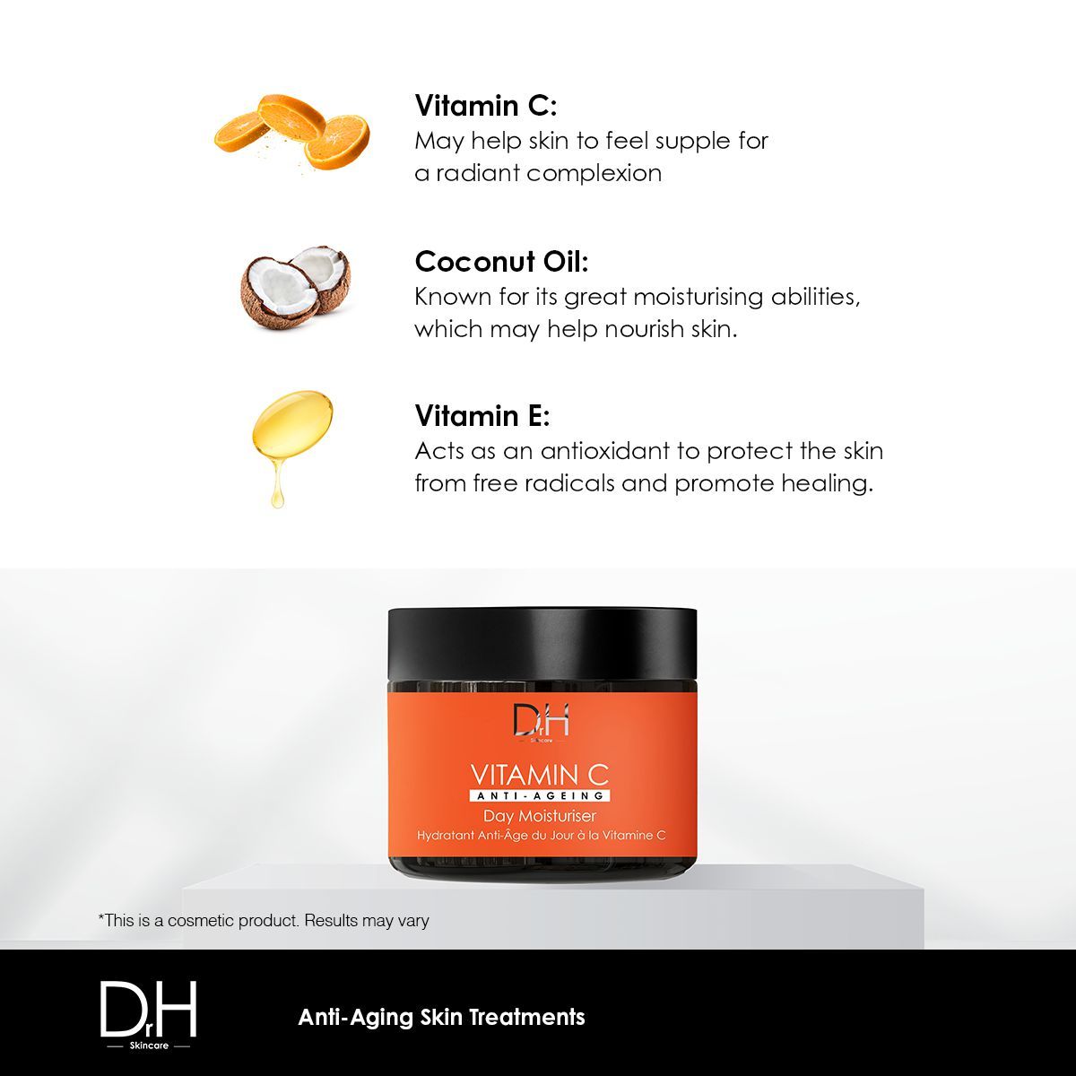 Tiegel mit Aufschrift Vitamin C Anti-Ageing Day Moisturiser. Inhaltsstoffe: Vitamin C, Kokosöl, Vitamin E.
