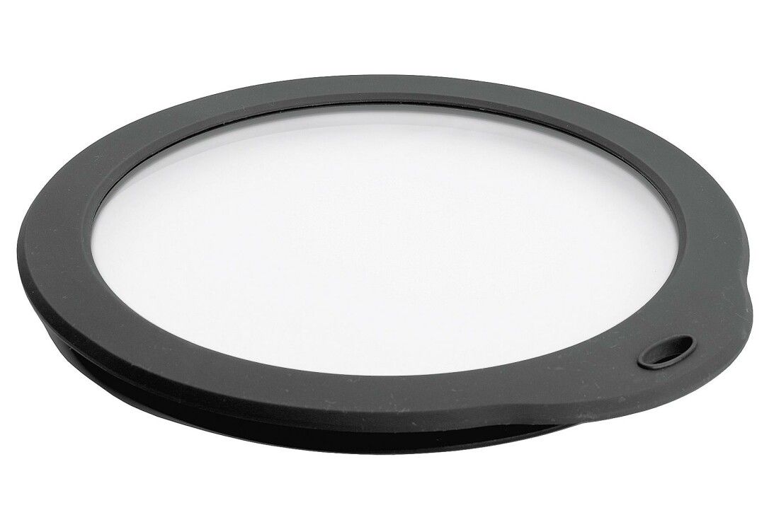 Runder, grauer Frischhaltedeckel mit weißer Mitte. Mit Griff und umlaufender Dichtung.