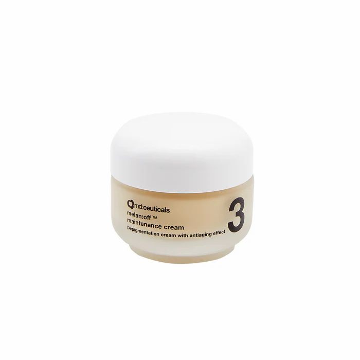 Creme-Tiegel mit Deckel. Aufschrift: md:ceuticals melan:off maintenance cream. Nummer 3. Text: Depigmentierungscreme mit Anti-Aging-Effekt.