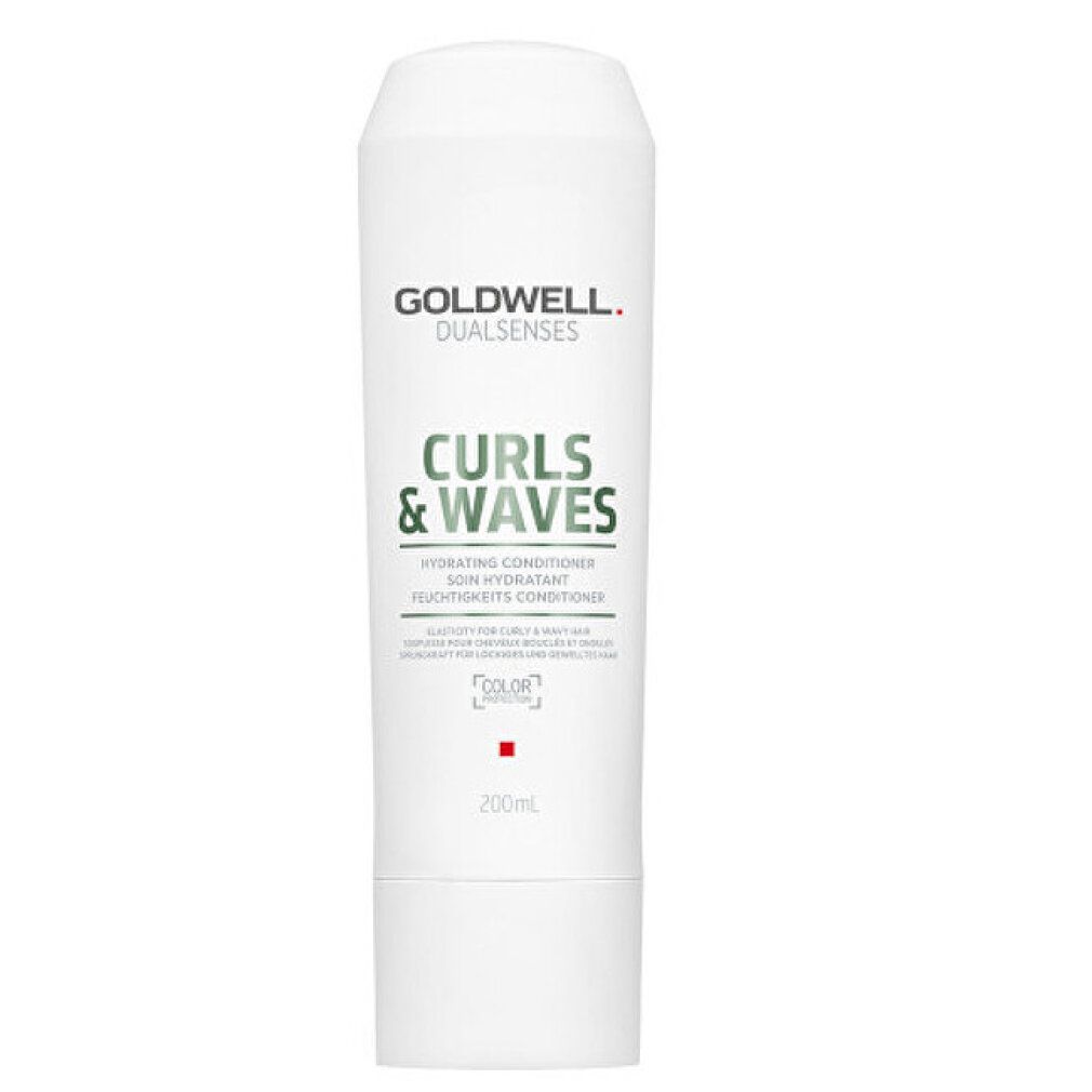Weiße Flasche Goldwell Dualsenses Curls & Waves. Text: Hydrating Conditioner, 200ml. Farbmarke.