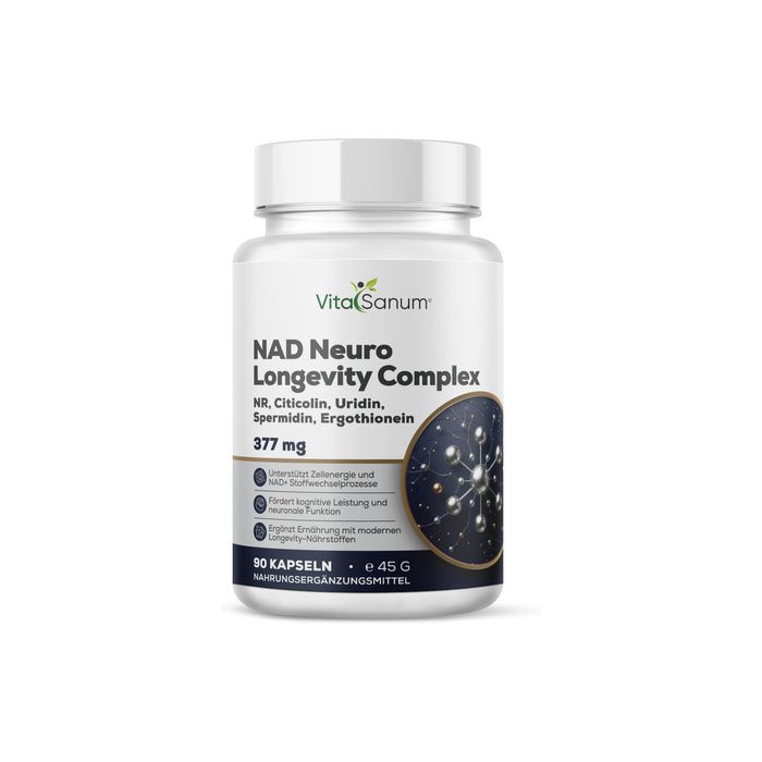 VitaSanum NAD Neuro Longevity Complex Kapselbehälter mit 90 Kapseln.